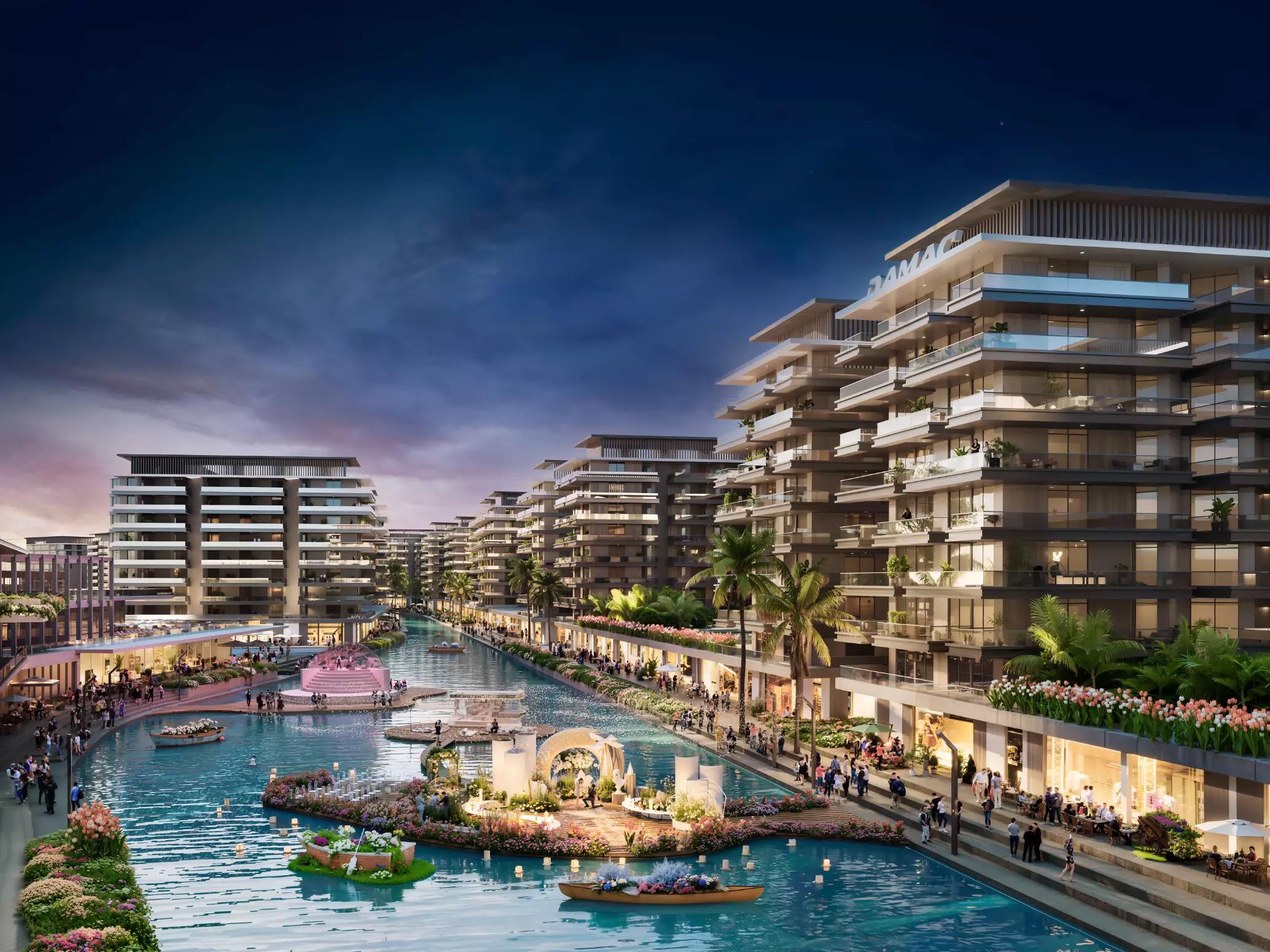 Damac Riverside Views Marine 1 building elevation at dusk, Dubai