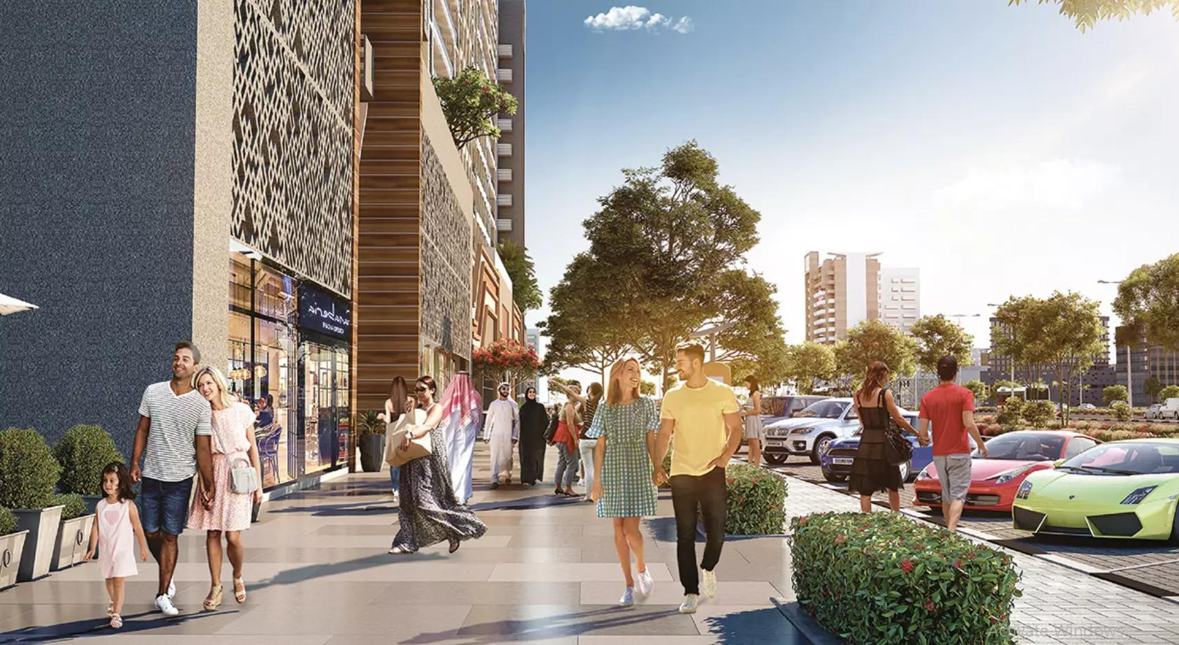 Azizi Neila building entrance and landscaping, Al Furjan, Dubai