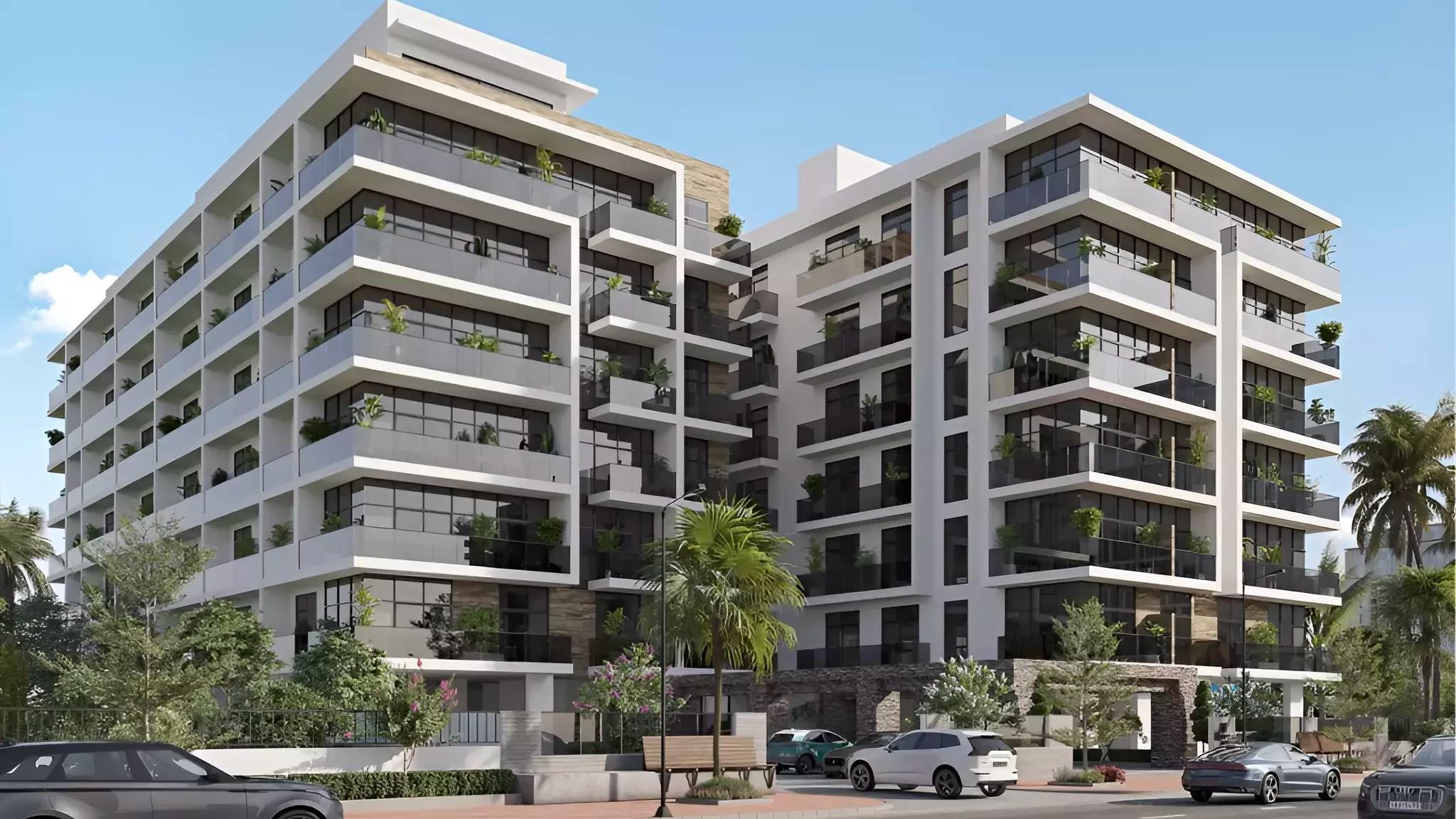 Moonsa Residences exterior building facade in Al Warsan, Dubai