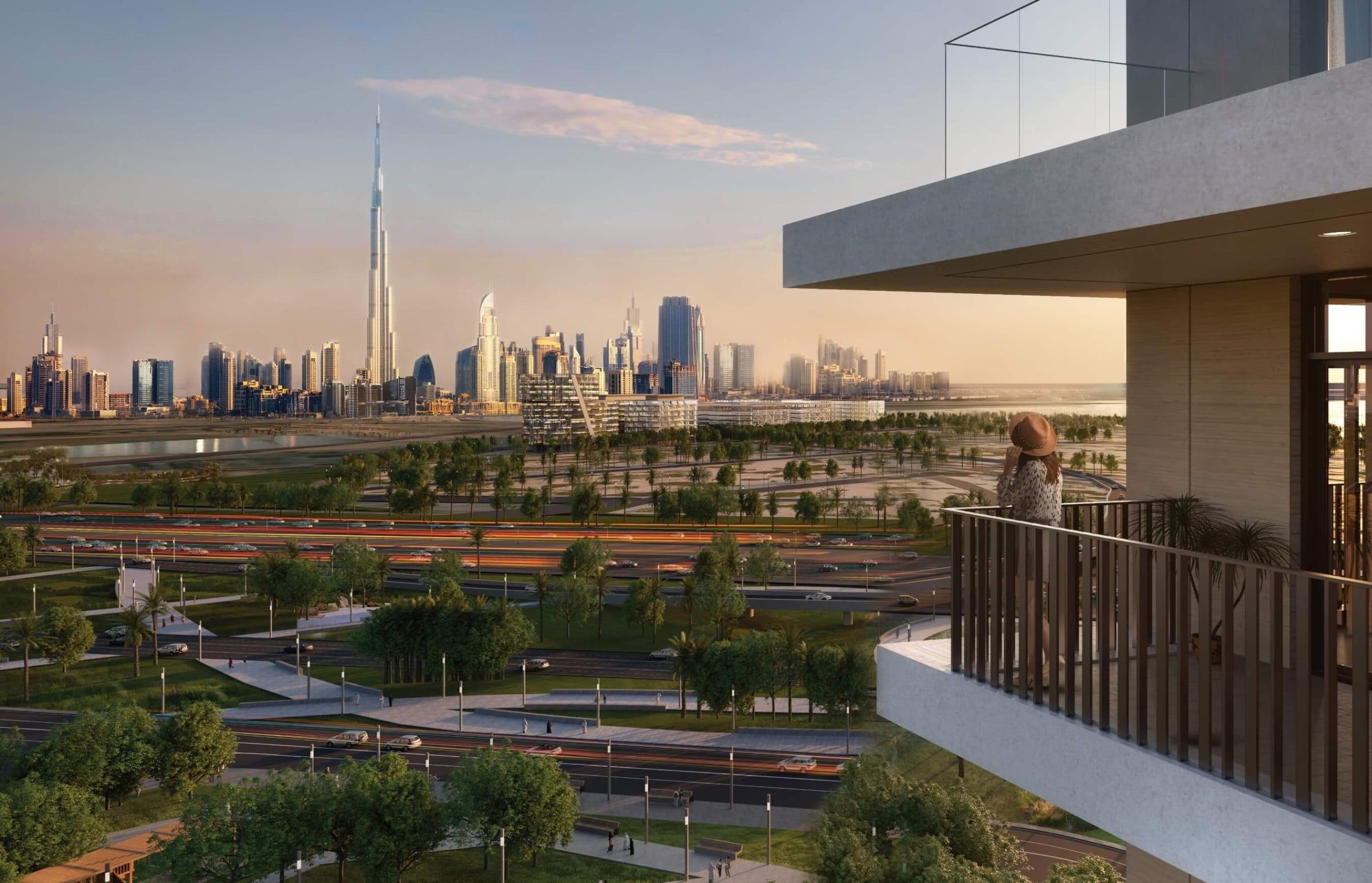 Wilton Terraces balcony with views over Ras Al Khor towards the Downtown Dubai skyline