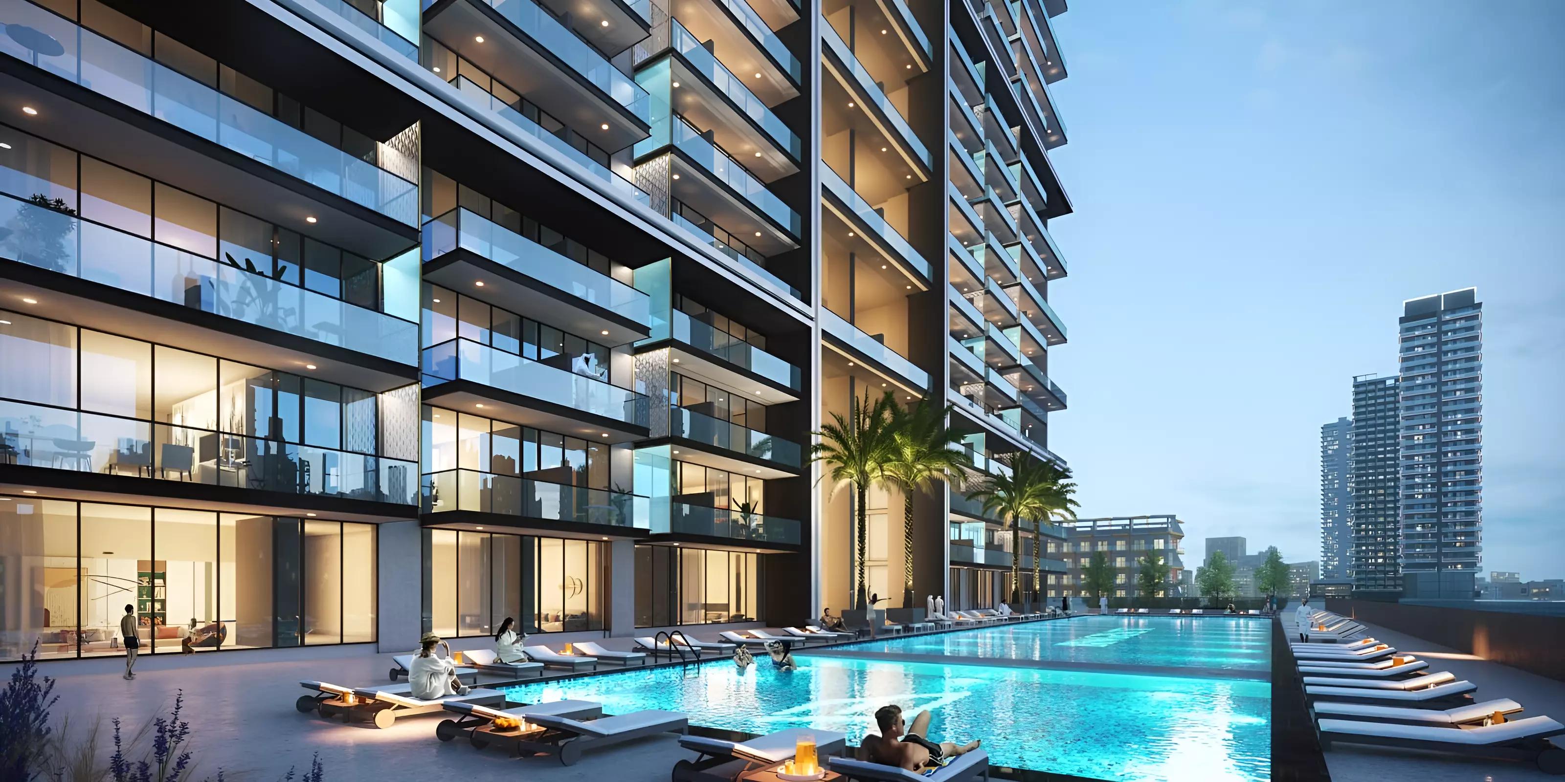 Landscaped courtyard and pool deck at Binghatti Onyx, JVC