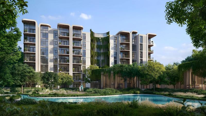 Capria West exterior view with landscaped surroundings, Ghaf Woods, Dubai Land