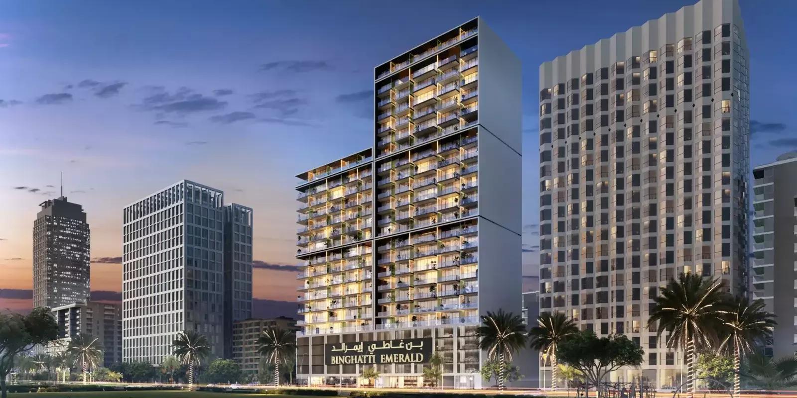 Binghatti Emerald residential facade detail, Jumeirah Village Circle, Dubai