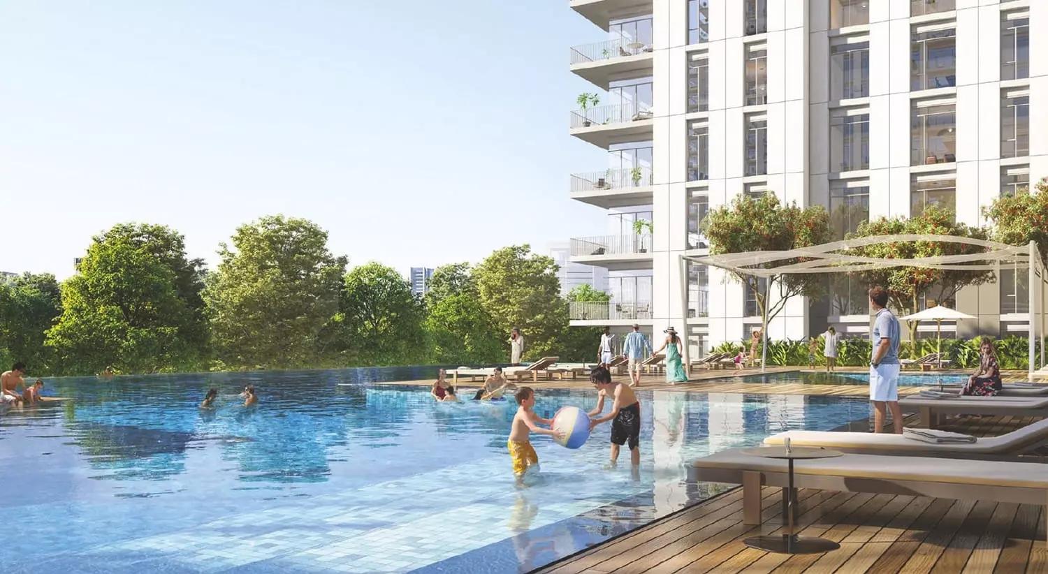 Bliss Homes residential facade view, Dubai Land Residence Complex