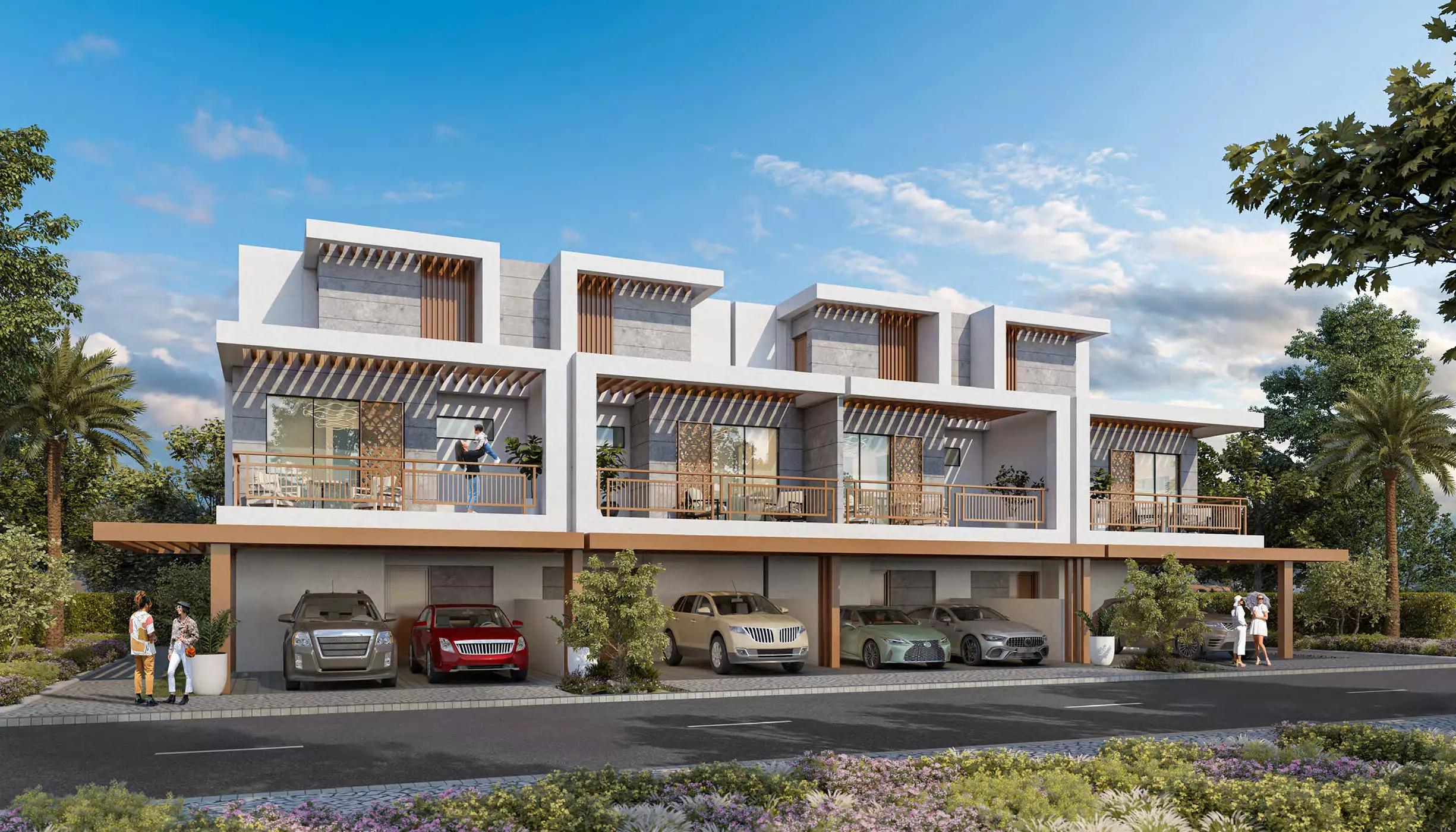 Natura 2 townhouse exterior with landscaped frontage, Damac Hills, Dubai