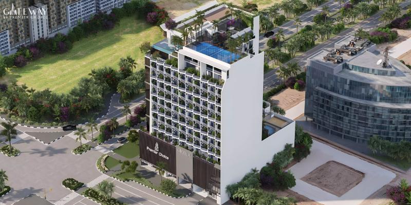 Gateway apartment building exterior facade, Jumeirah Village Circle, Dubai