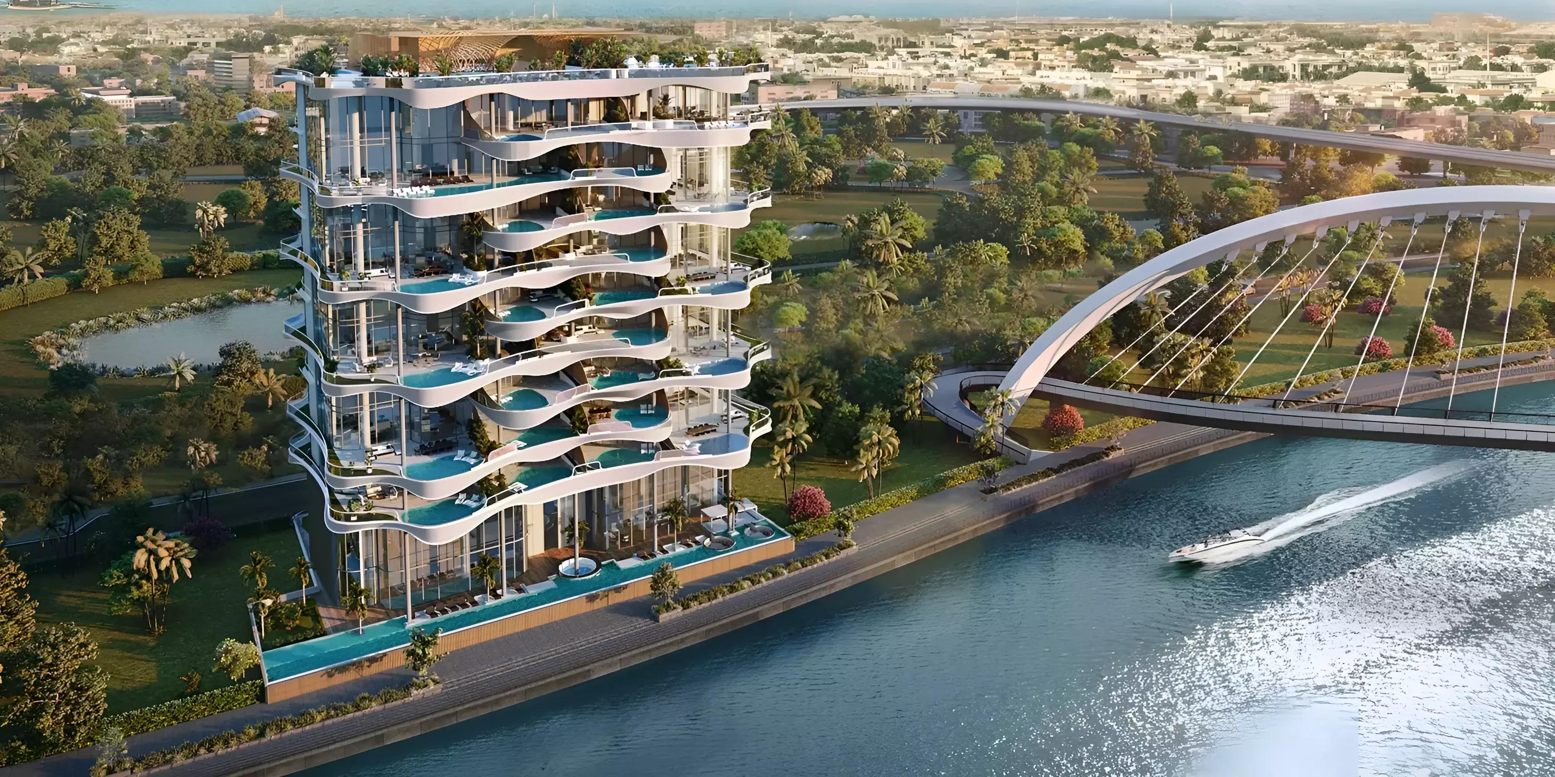 One Canal building facade and entrance, Al Wasl, Dubai