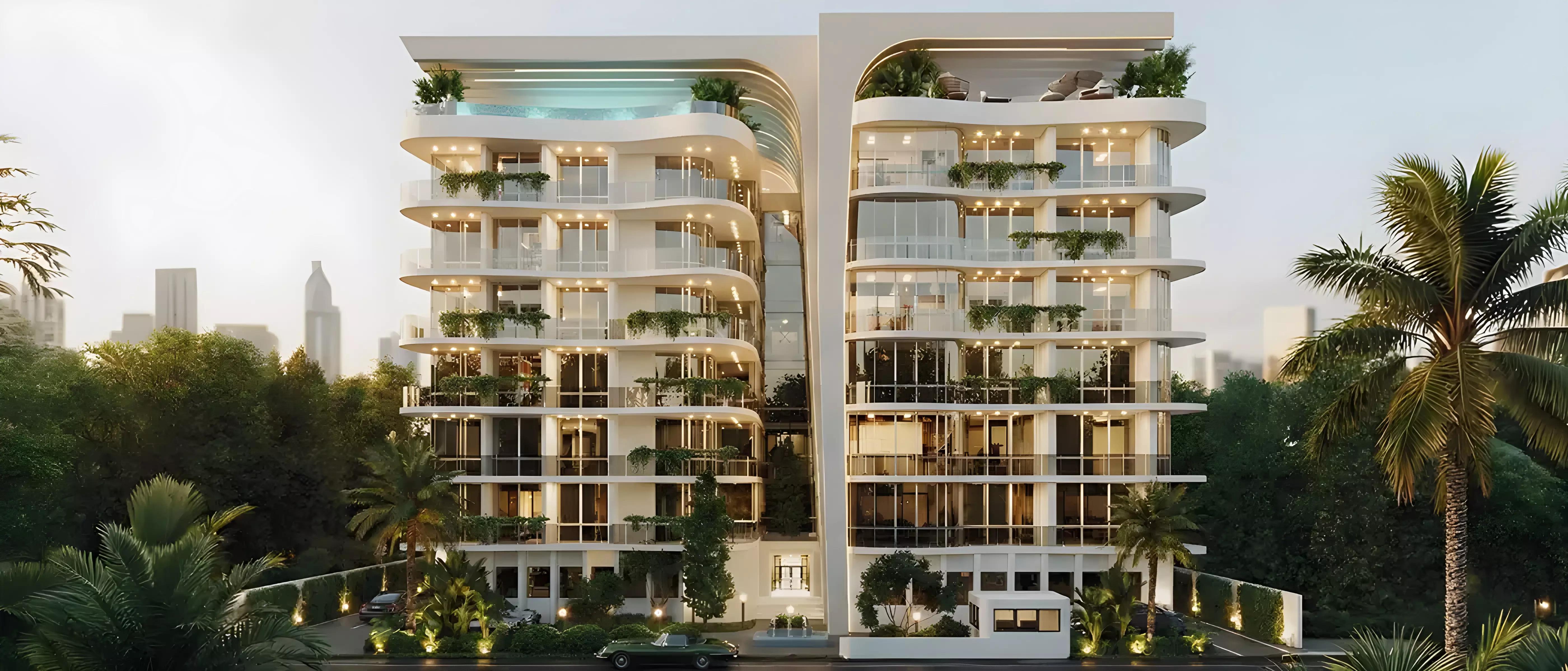 Exterior render of Lincoln Star Residence 3 apartment tower in The Pulse, Dubai South