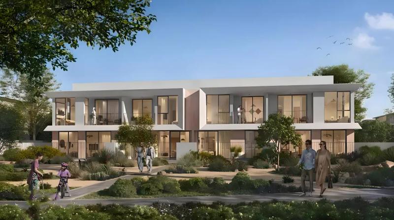 Velora Phase 2 townhouse exterior with landscaped frontage, The Valley, Dubai