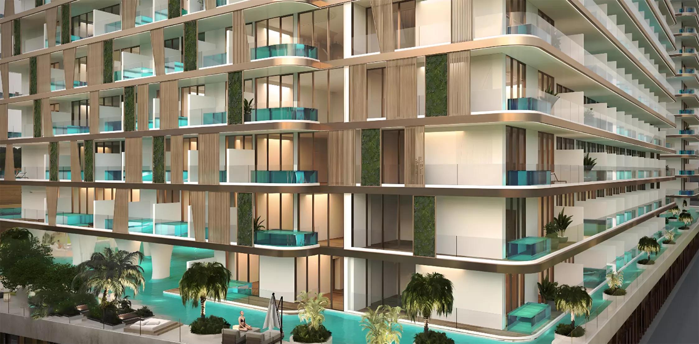 Peace Lagoons residential facade and landscaping, Dubai Land Residence Complex