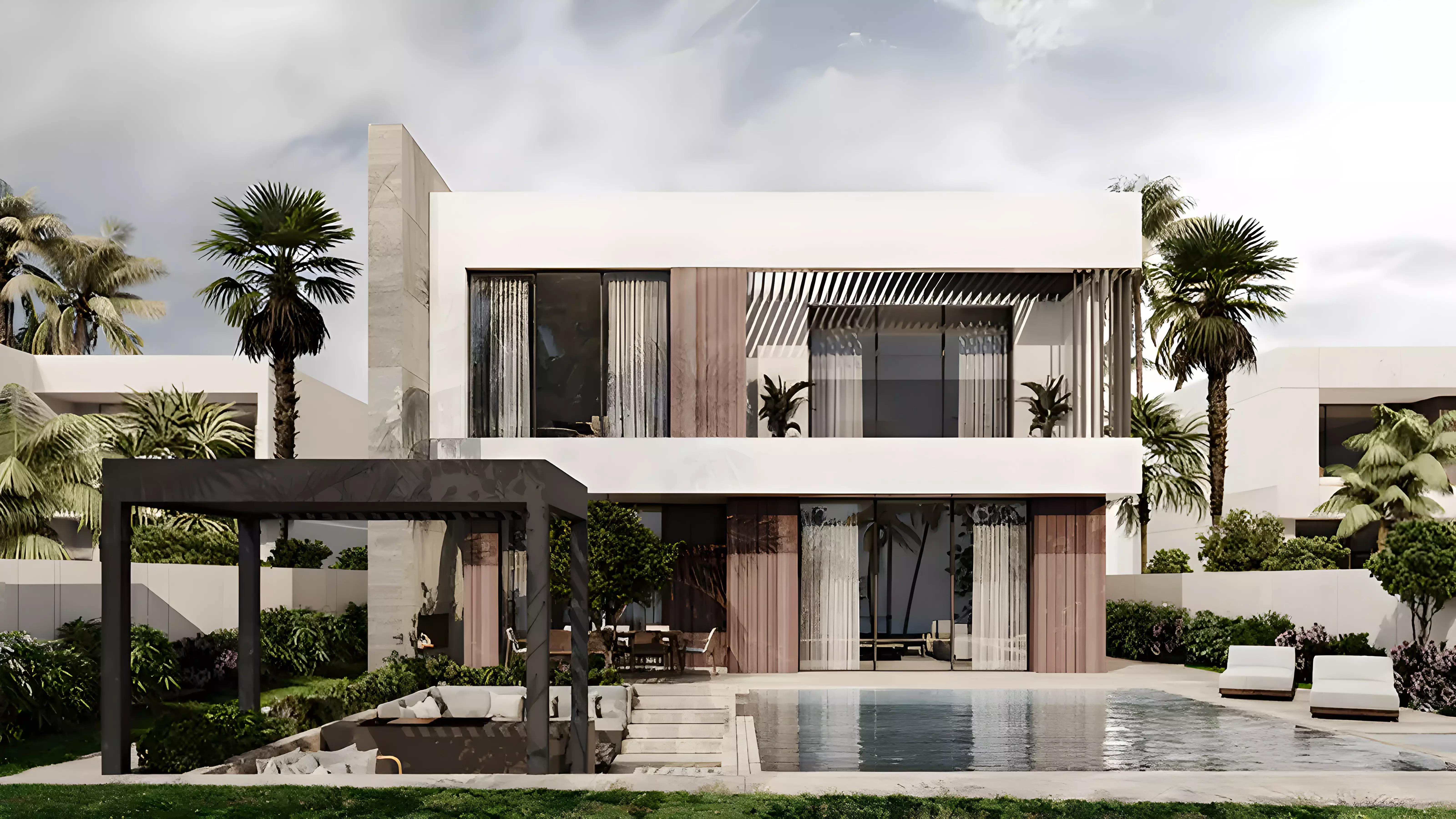 Landscaped garden and villa row at Waterfront Villas by Alexander, Dubai