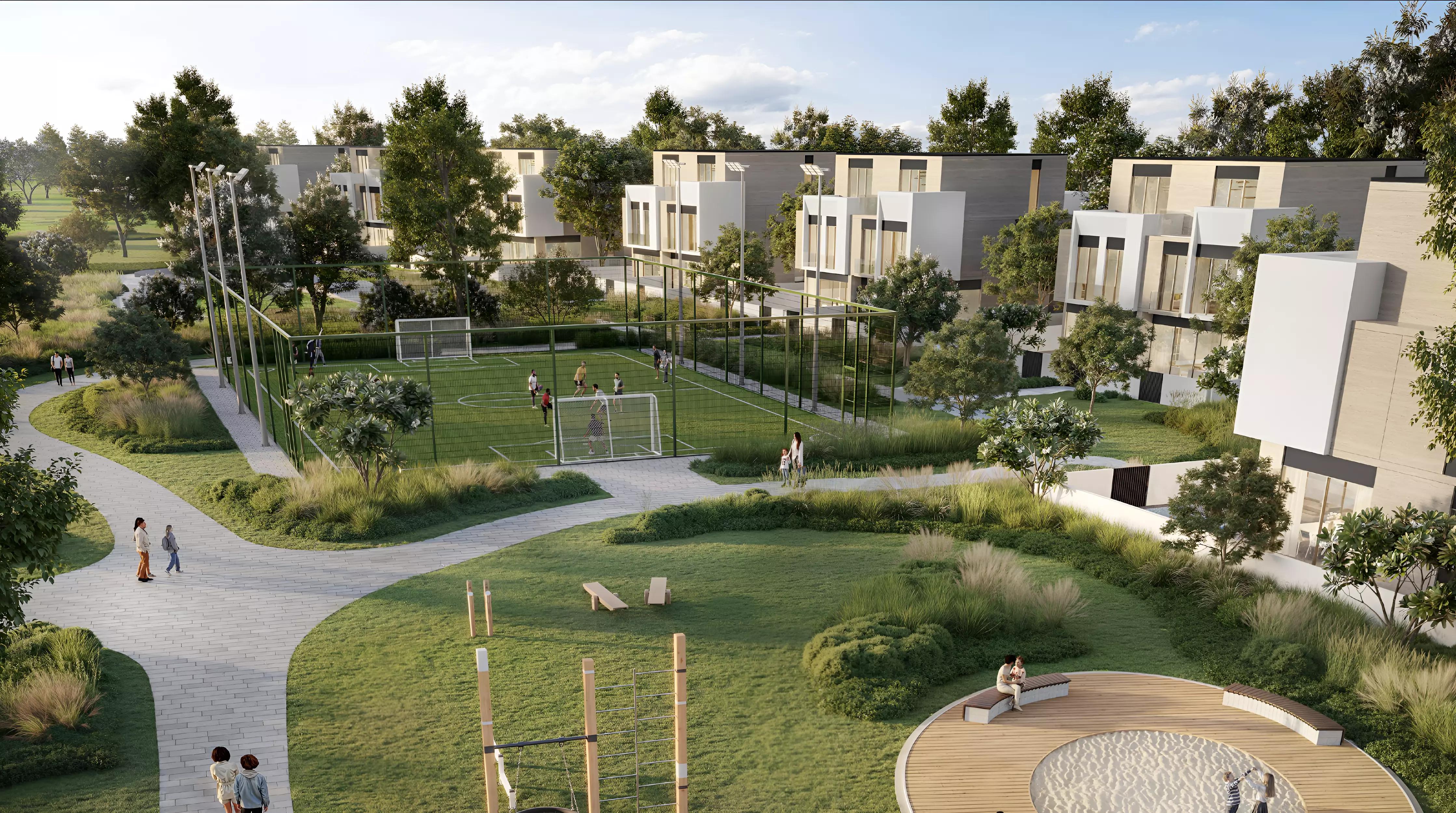 D Villas landscaped garden area between villas, Jumeirah Golf Estates, Dubai