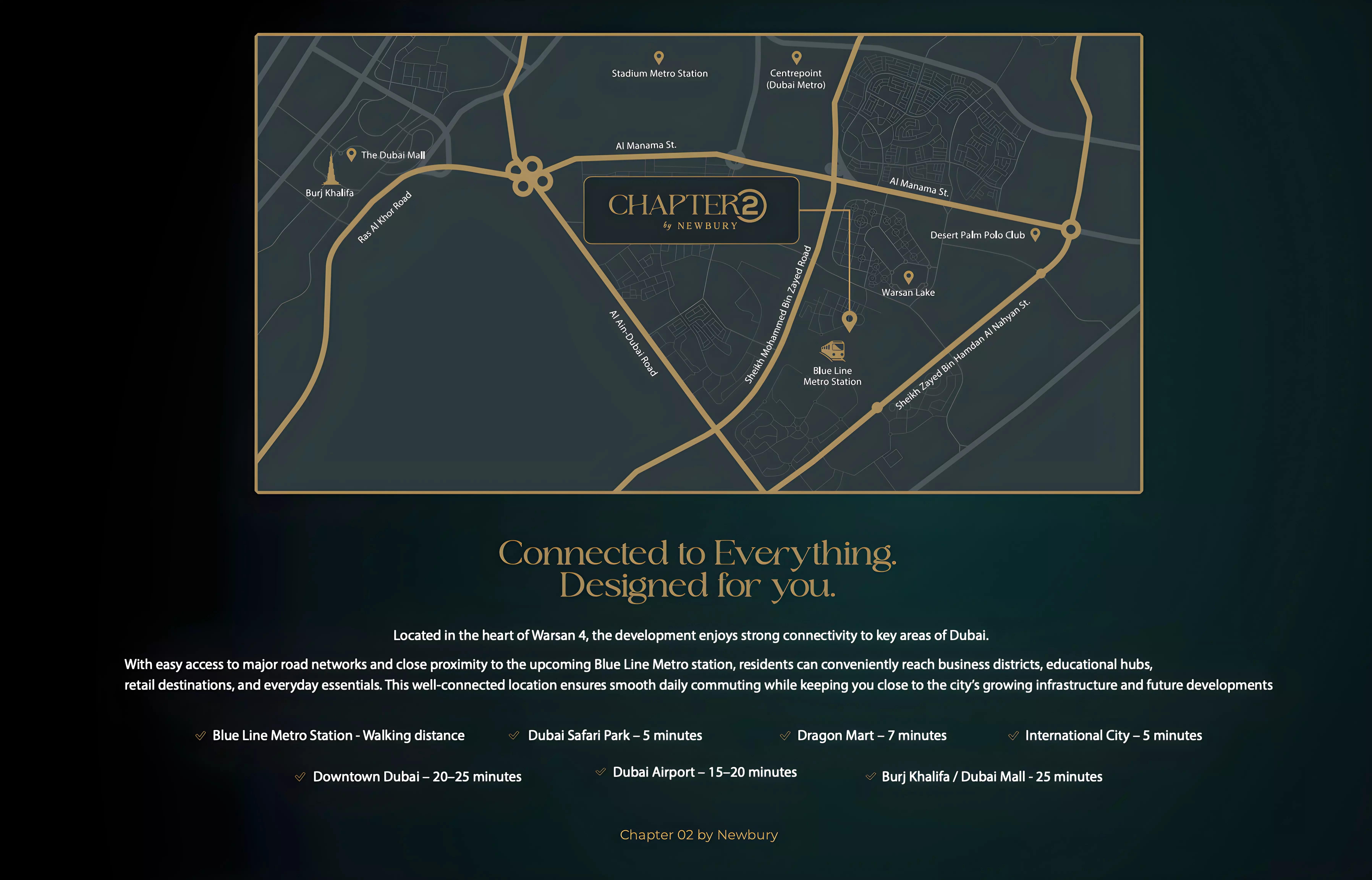 Chapter 02 masterplan showing building layout and surrounding Al Warsan community