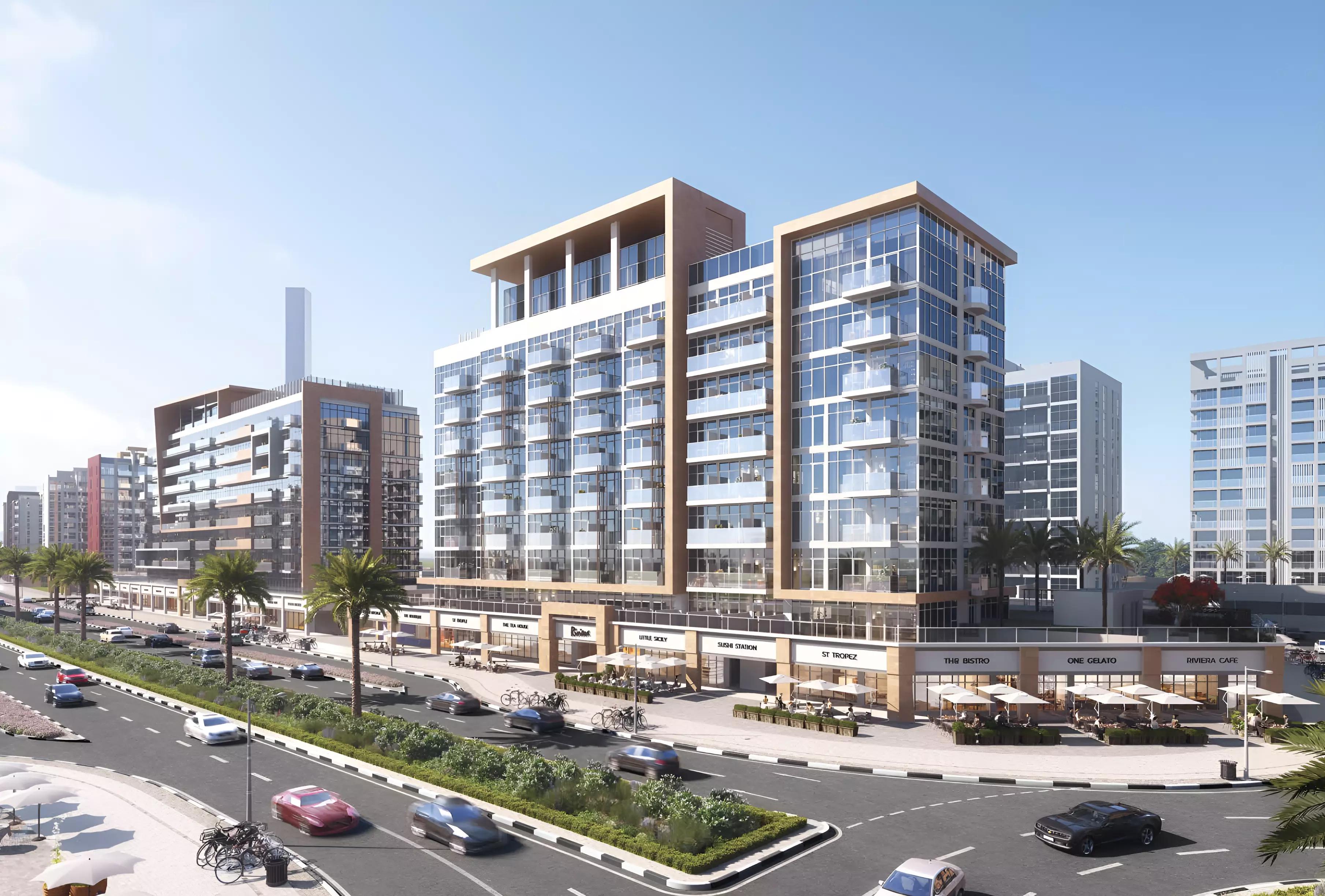 Azizi Riviera 59 building view with landscaped surroundings, Meydan, Dubai