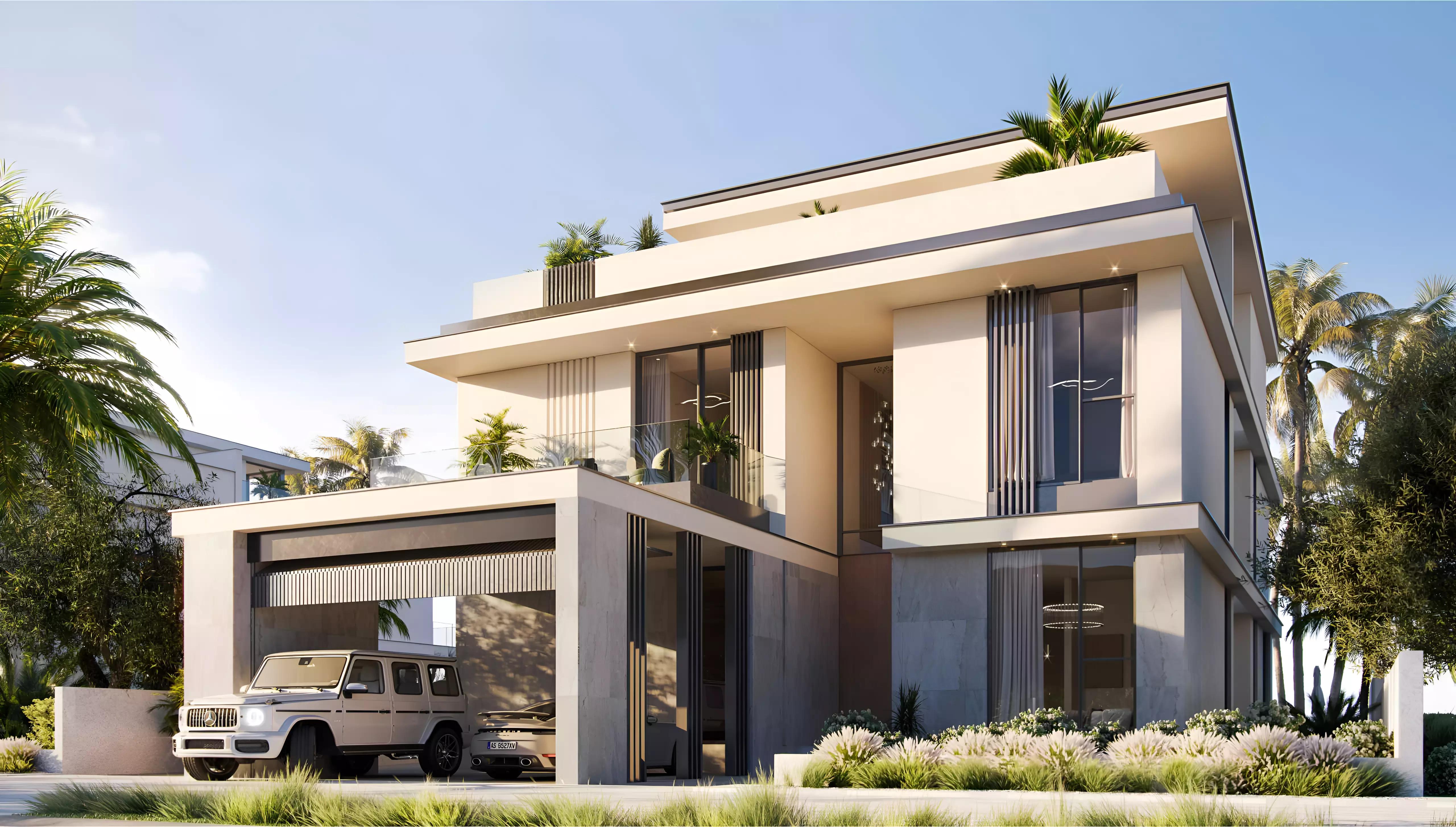 The Beach Collection Villas facade and driveway, Palm Jebel Ali, Dubai