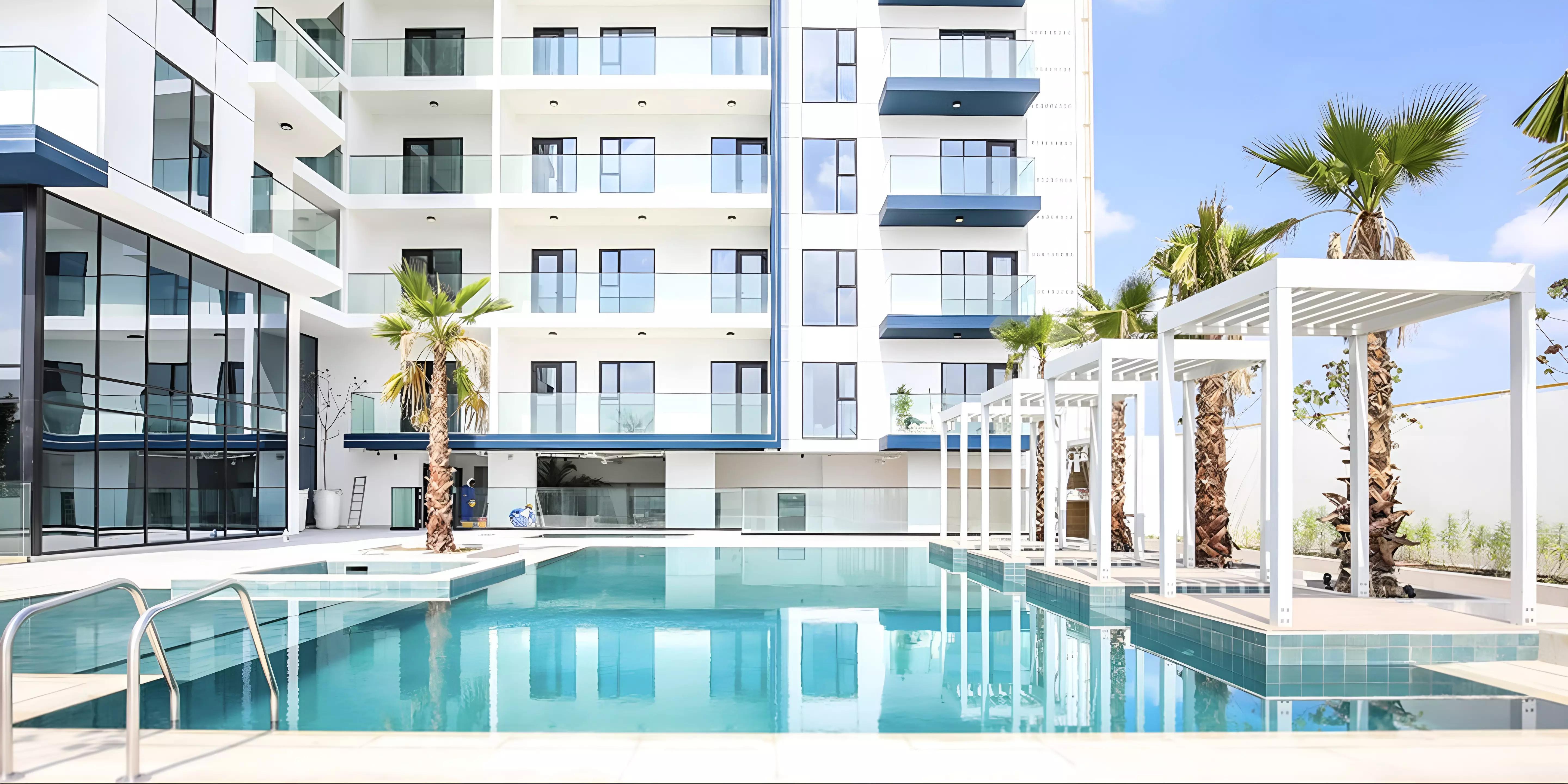 Exterior facade of The 7 apartment building in Downtown Jebel Ali, Dubai