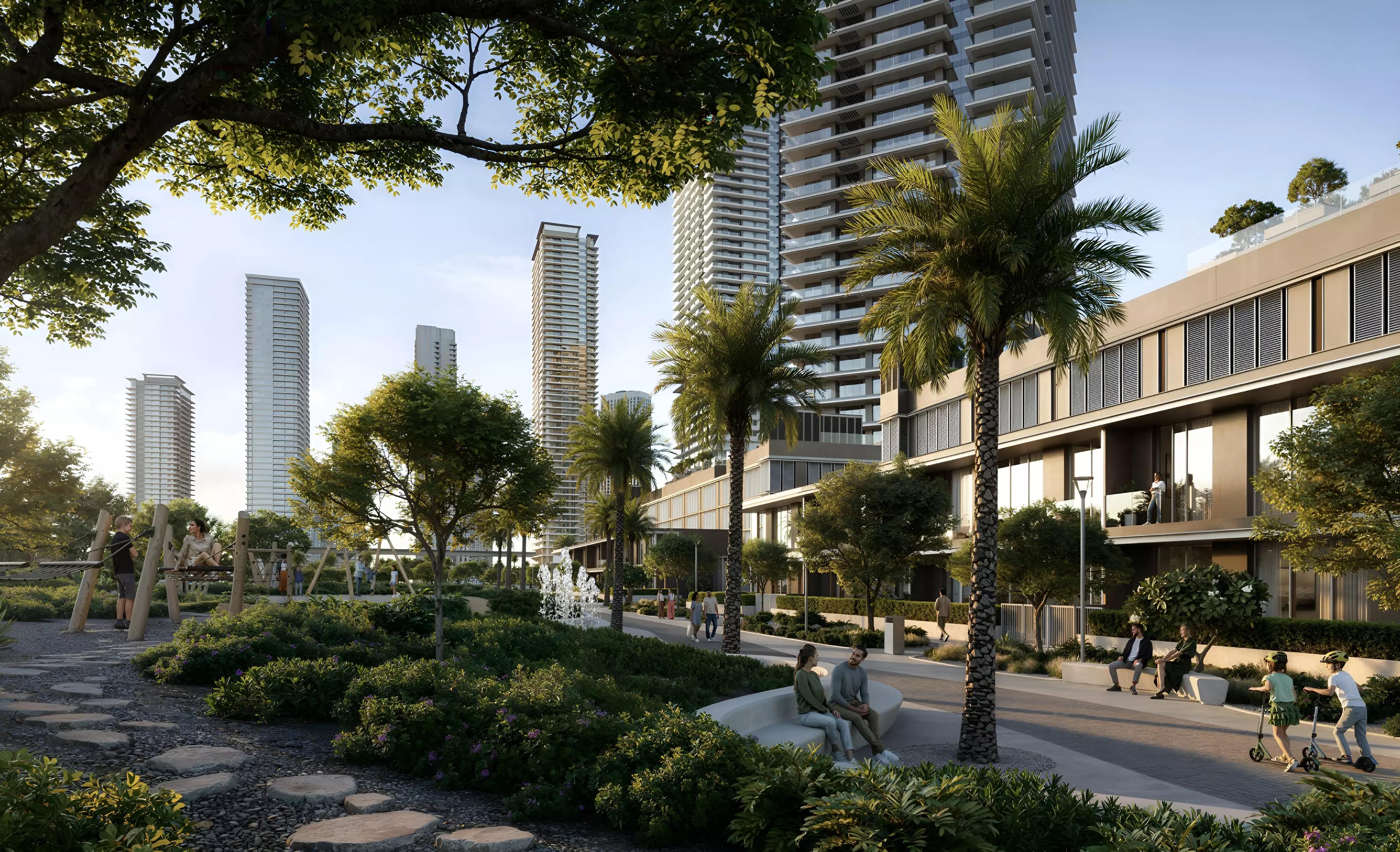 The Archive landscaped gardens and communal outdoor space, Dubai Land Residence Complex, Dubai