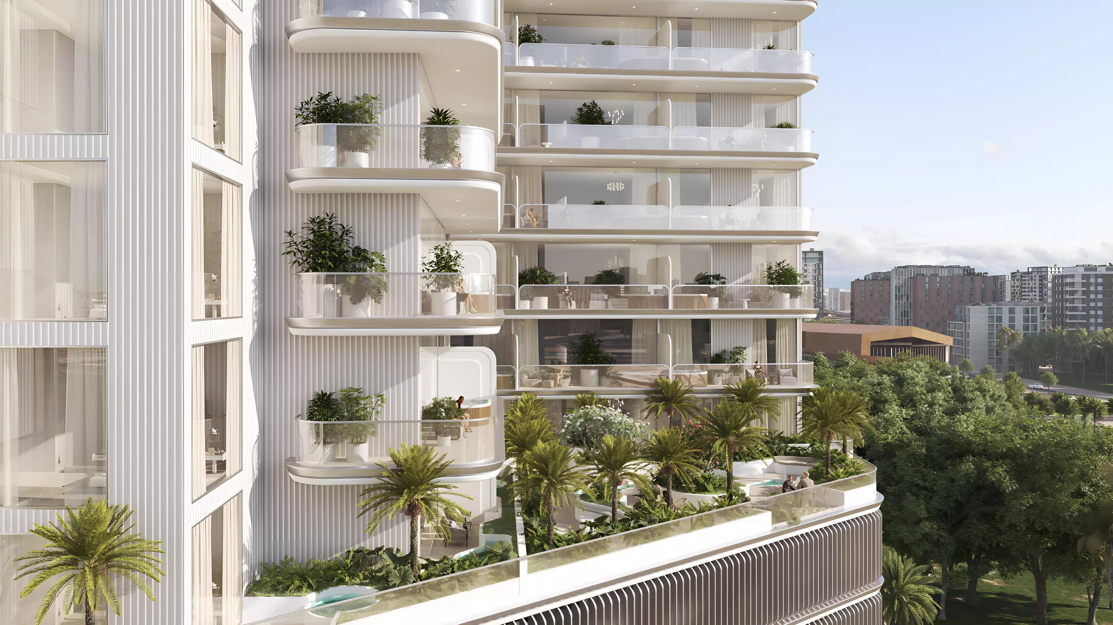 Exterior facade of Cove Edition 4 by Imtiaz apartment building, Dubai Land Residence Complex