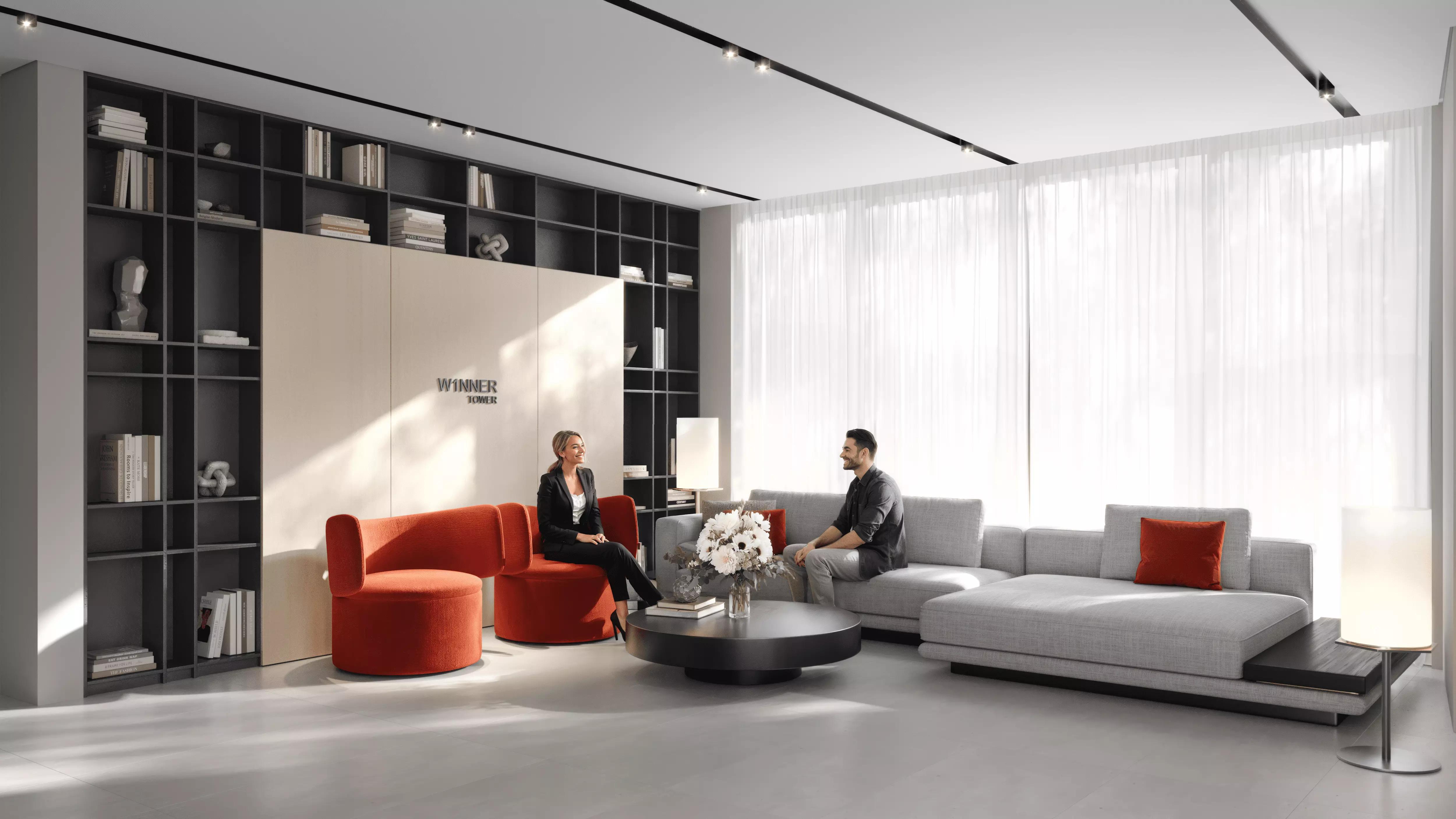 W1nner Tower apartment interior living space, Jumeirah Village Triangle