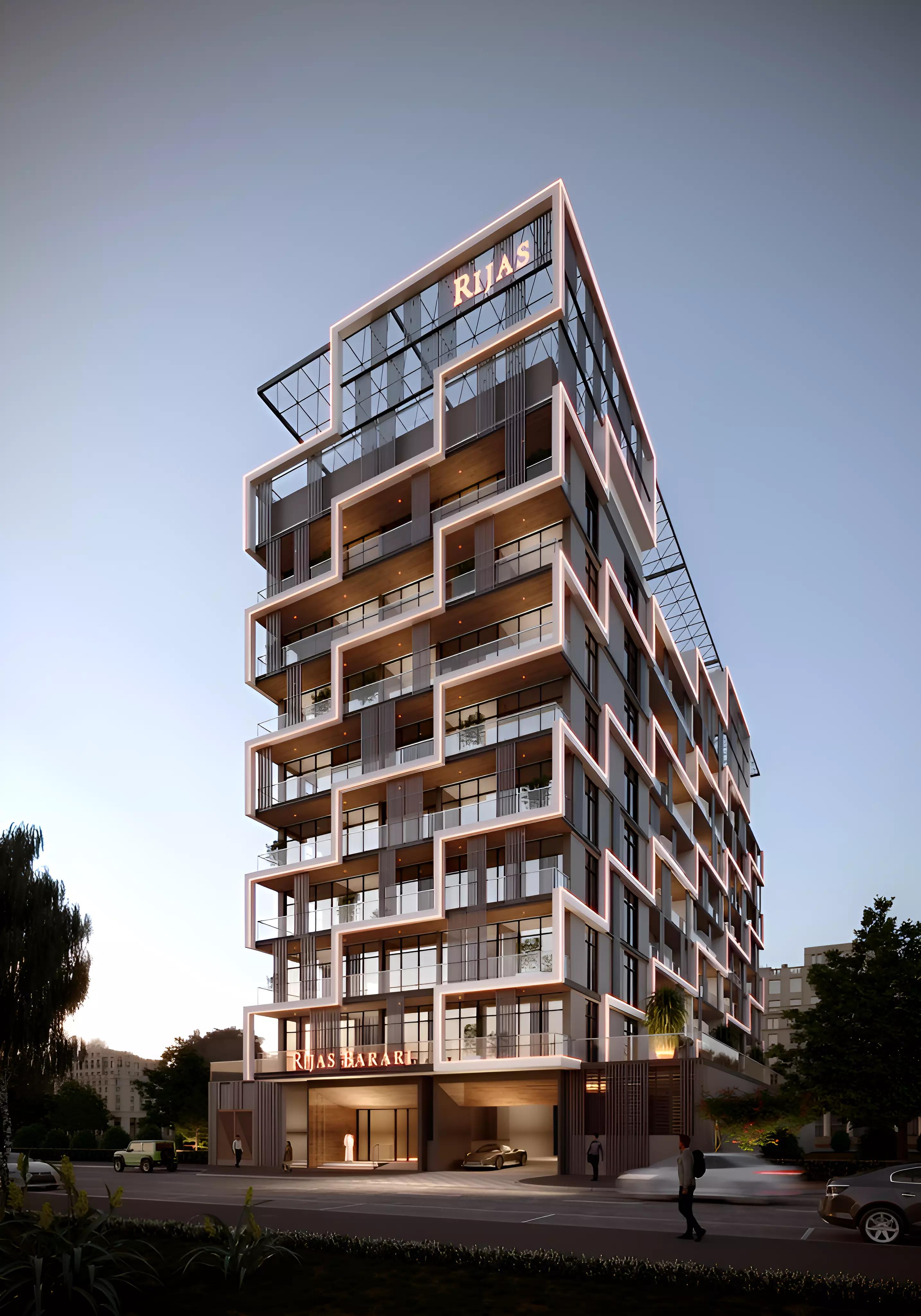 Rija Suites building render with landscaped surroundings, Majan, Dubai