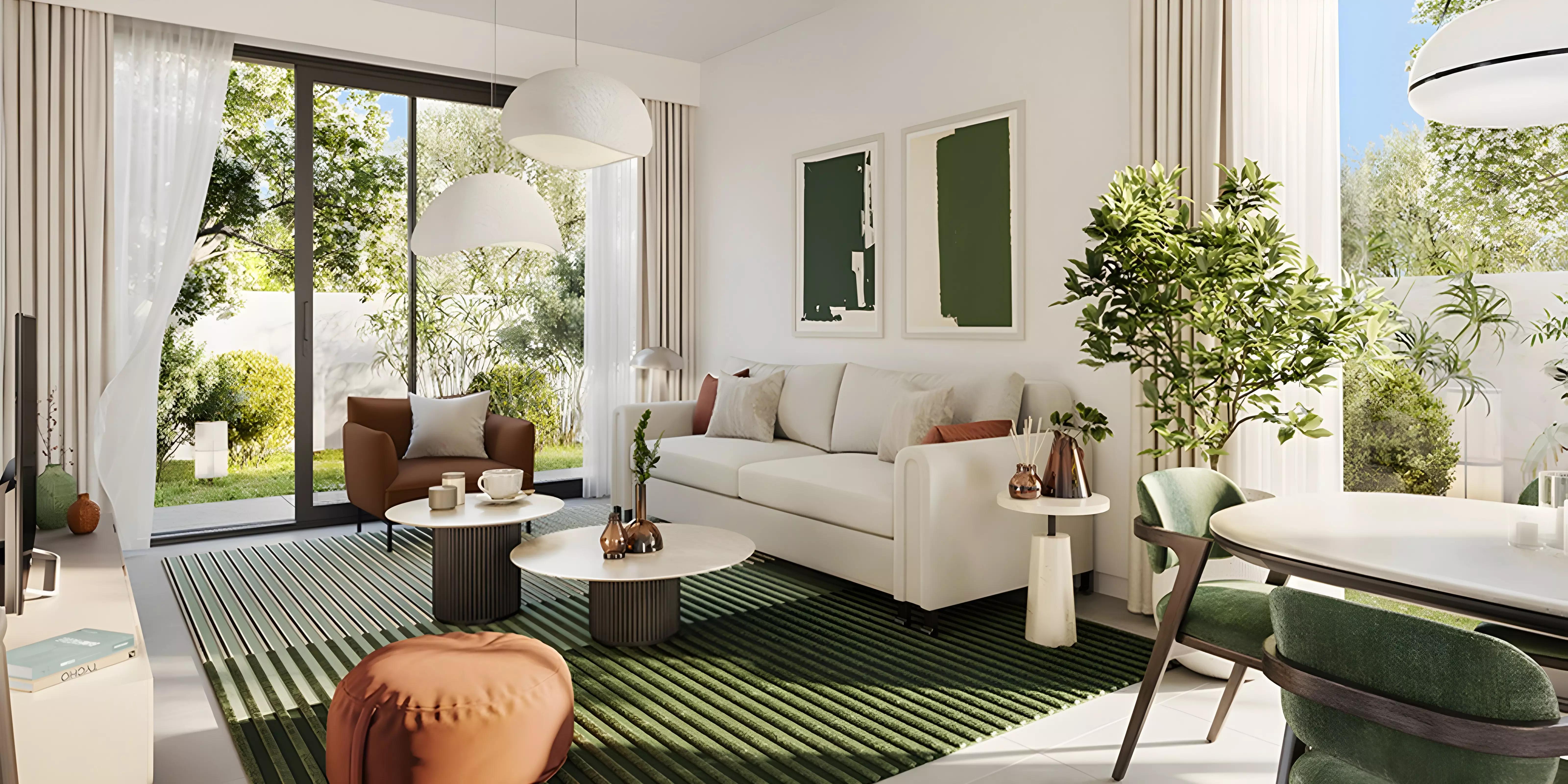 Fairway Villas living room interior with natural light, Dubai South