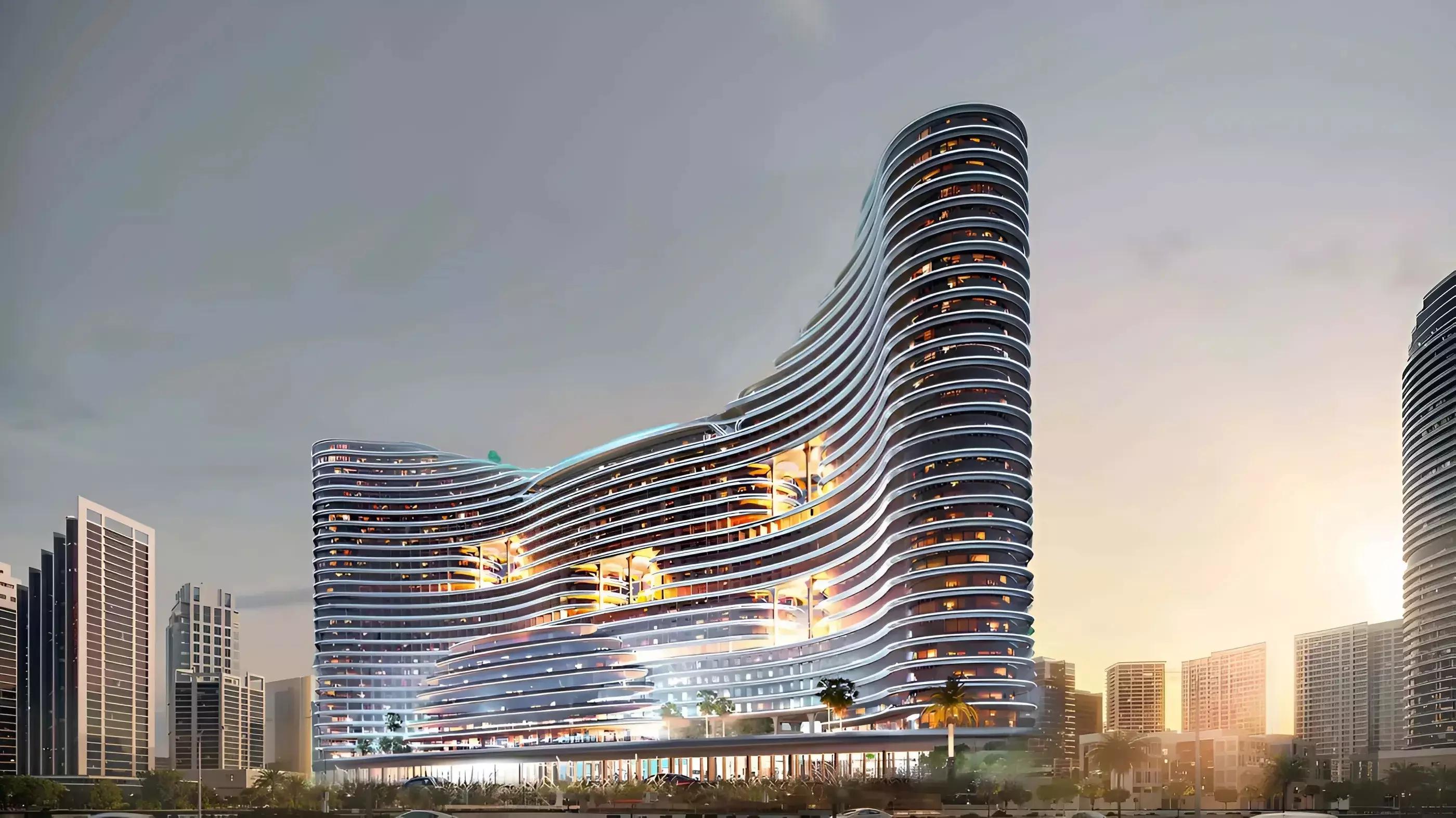 Binghatti Aquarise tower exterior view, Business Bay, Dubai