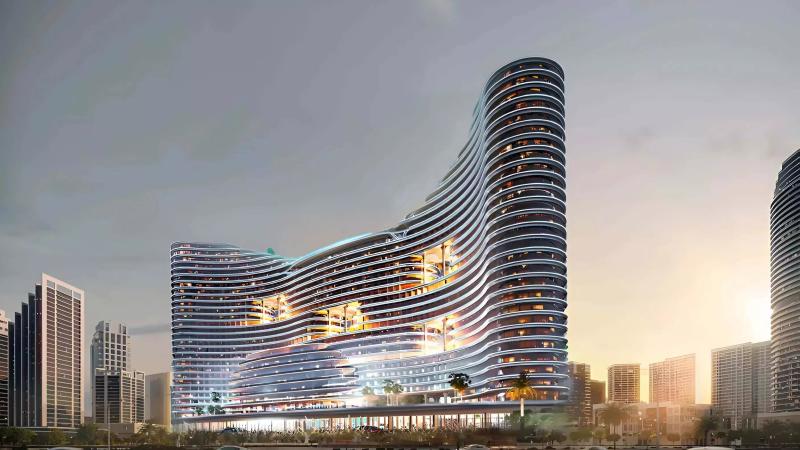 Binghatti Aquarise tower exterior view, Business Bay, Dubai