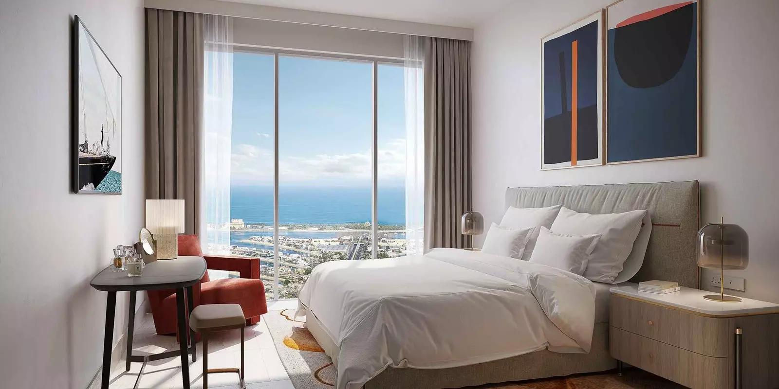 Address The Bay bedroom interior with skyline view, Emaar Beachfront