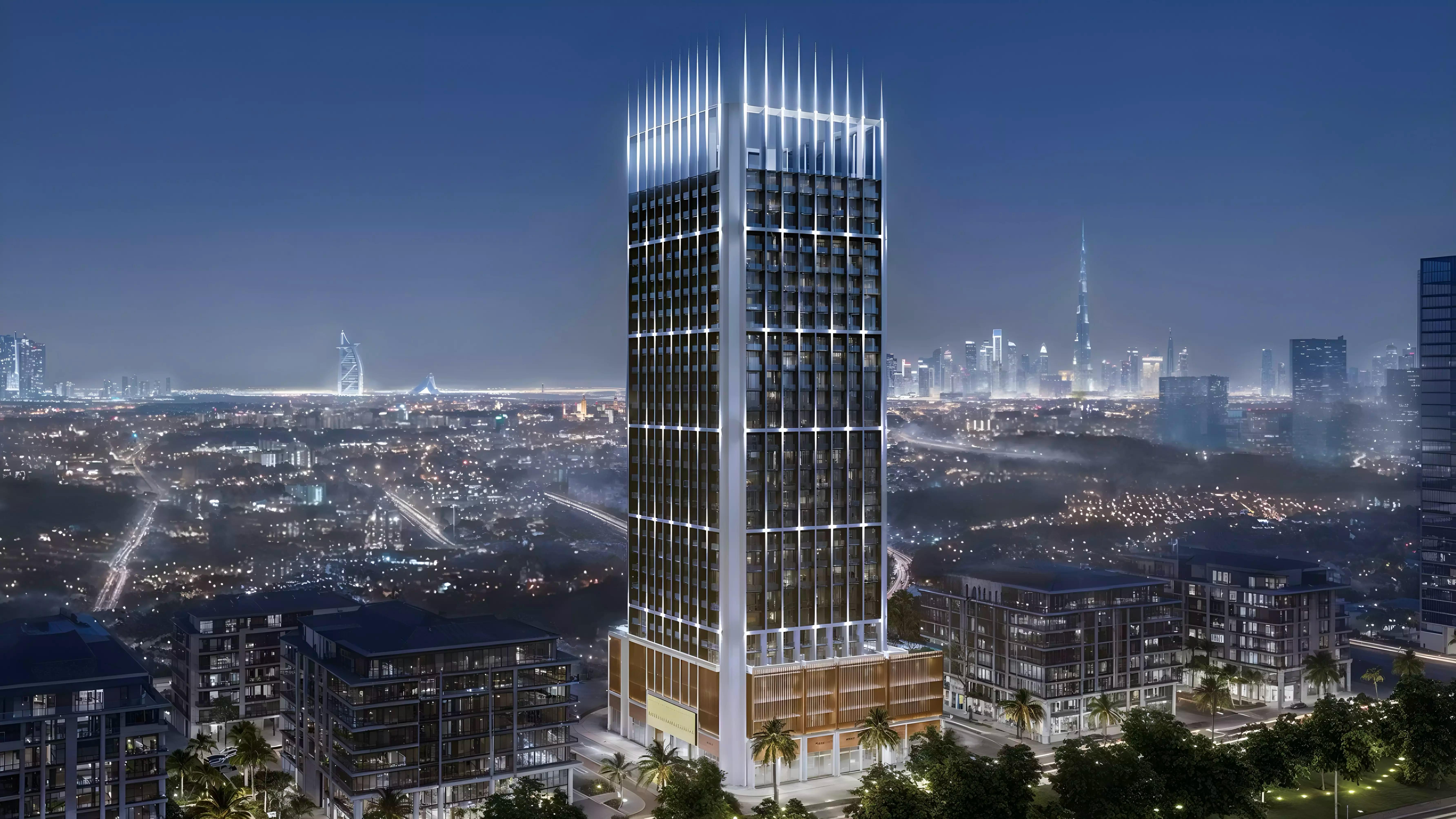 Exterior facade of Binghatti Luxuria apartment building, Jumeirah Village Triangle, Dubai