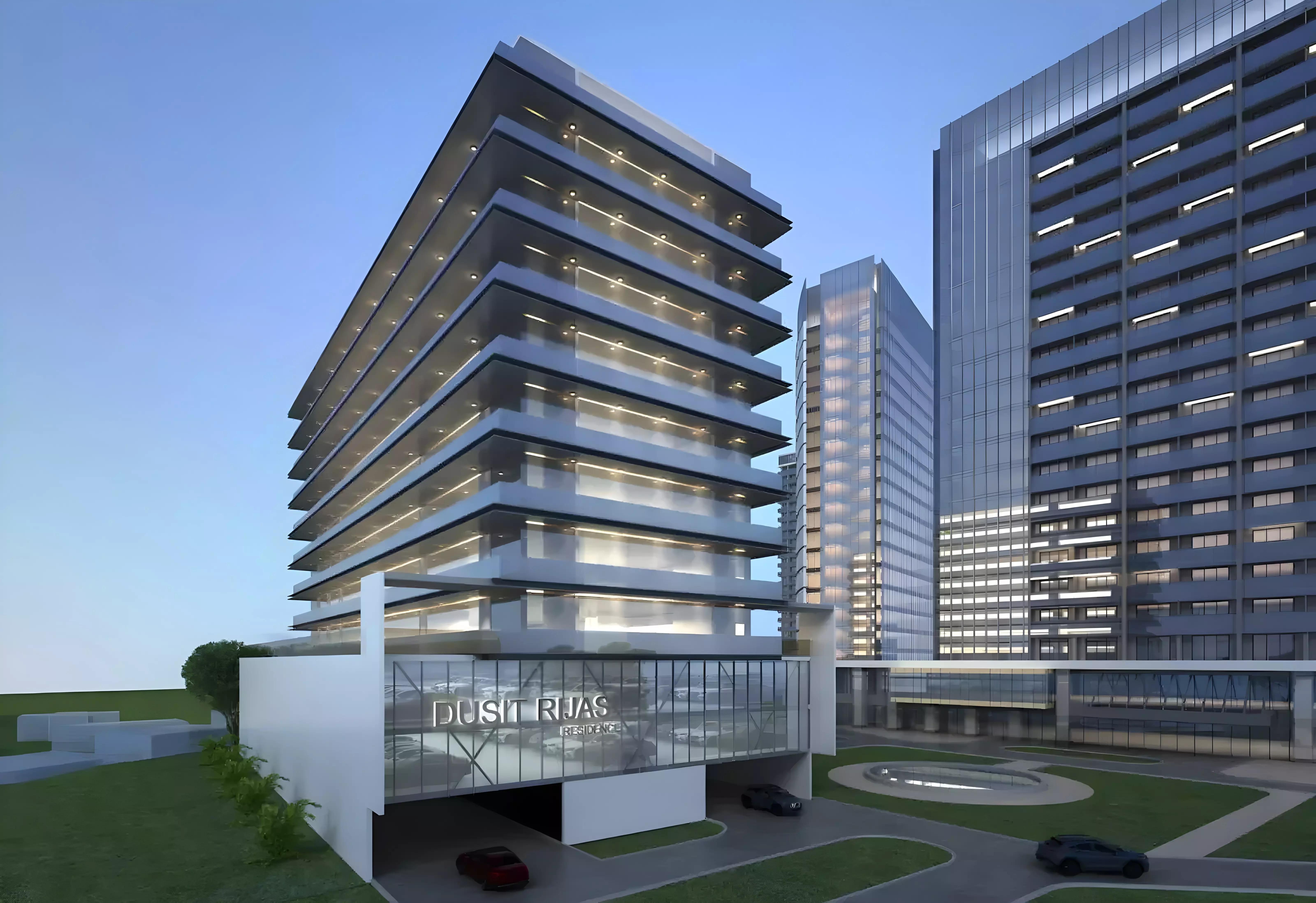 Exterior render of Dusit Rijas Residence apartment building in Majan, Dubai