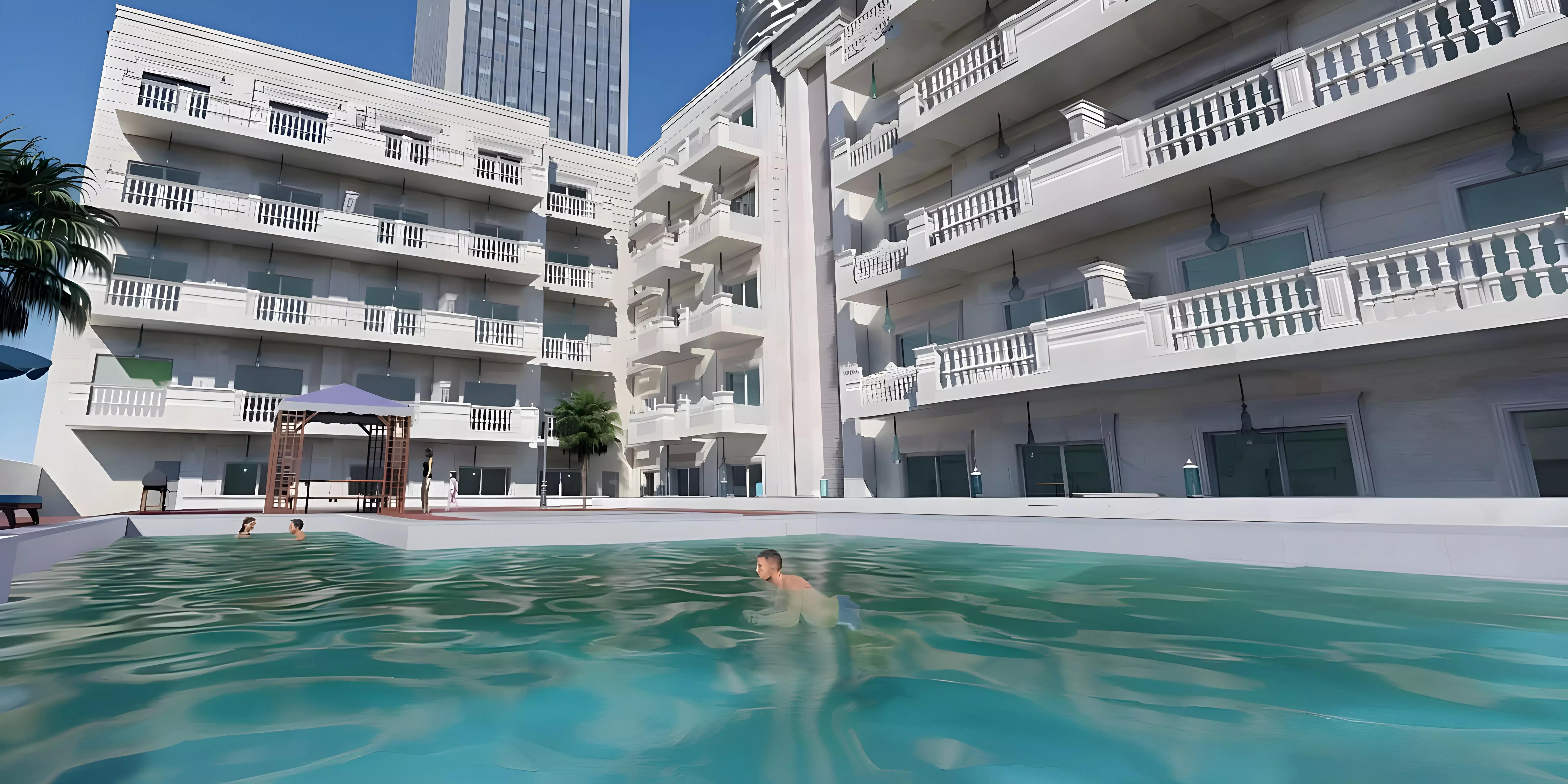 Mayas Geneva apartment building exterior in Jumeirah Village Circle, Dubai