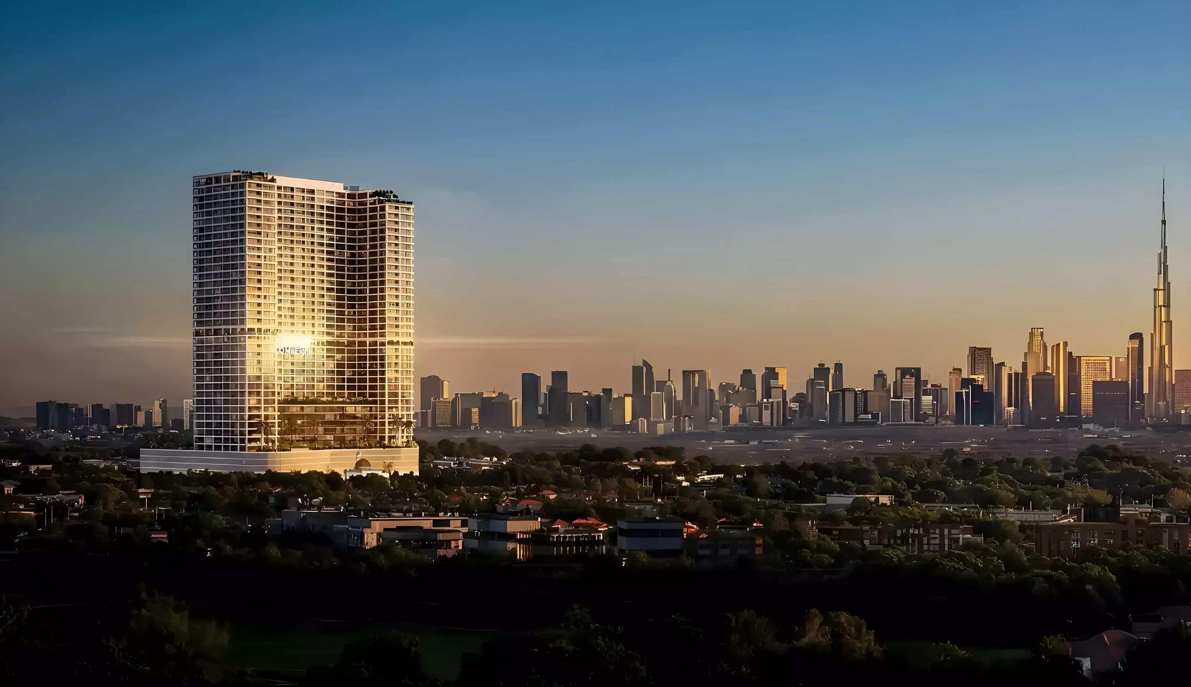 Exterior render of The WOW Tower apartment building in Dubai Land Residence Complex