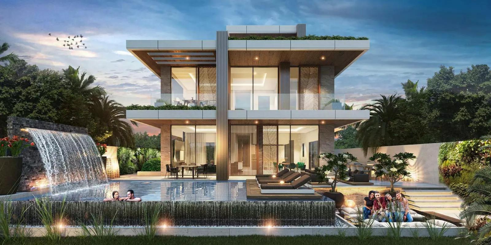 Cavalli Estates villa facade at dusk, Damac Hills, Dubai