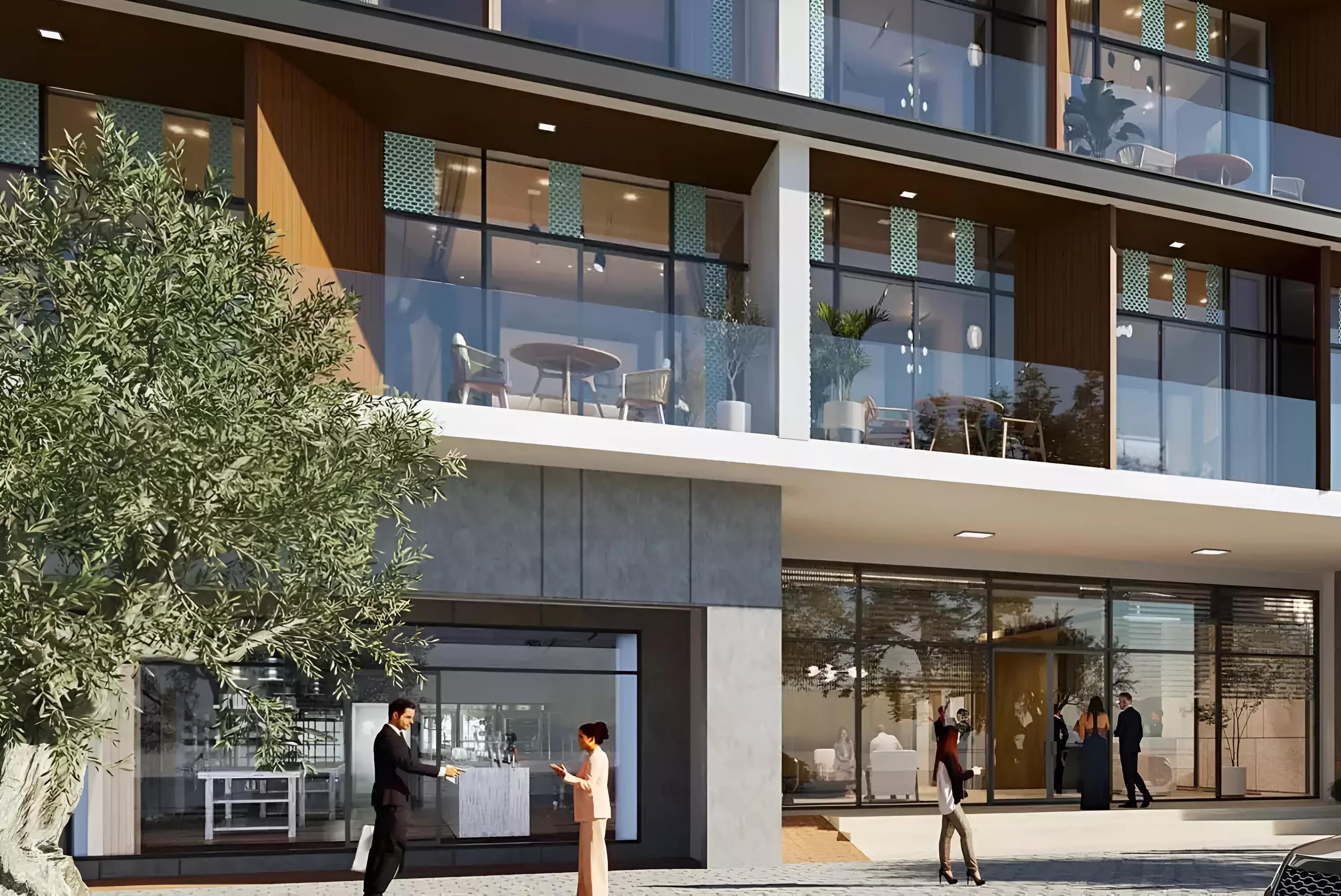 The Cube Residences building facade and entrance view, MBR City, Dubai