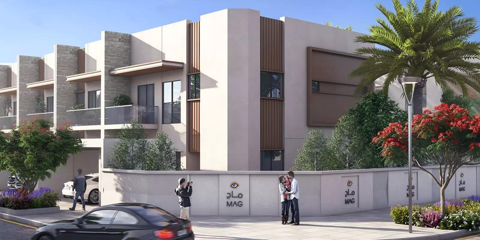 MAG City townhouse street view showing low-rise facades, MBR City, Dubai