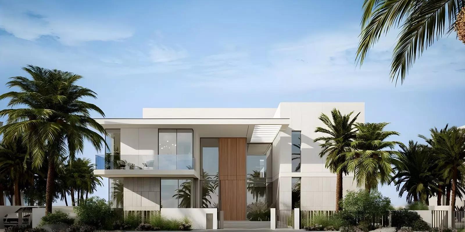 District One West villa street view with driveway and greenery, MBR City, Dubai