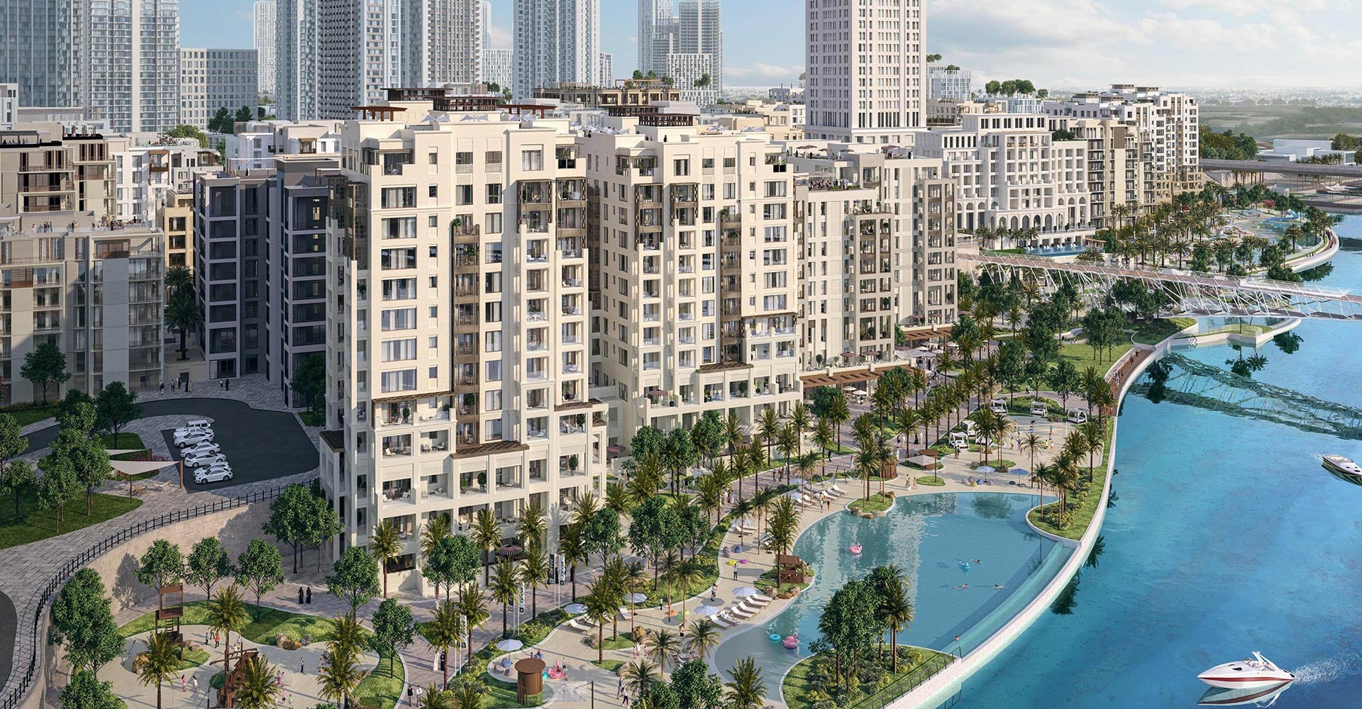 The Grove at Creek Beach masterplan aerial with landscaped canal and podium pools