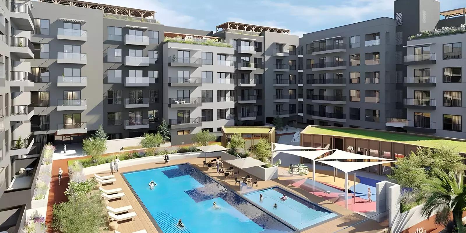 Zazen Gardens shared swimming pool area, Al Furjan, Dubai