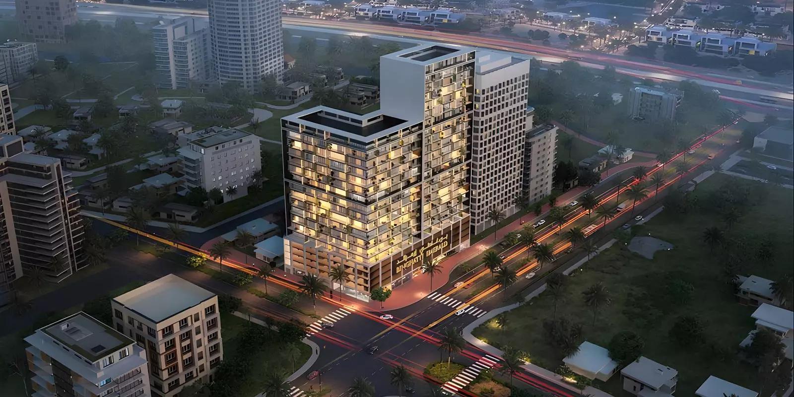 Binghatti Emerald exterior view from street level, JVC, Dubai