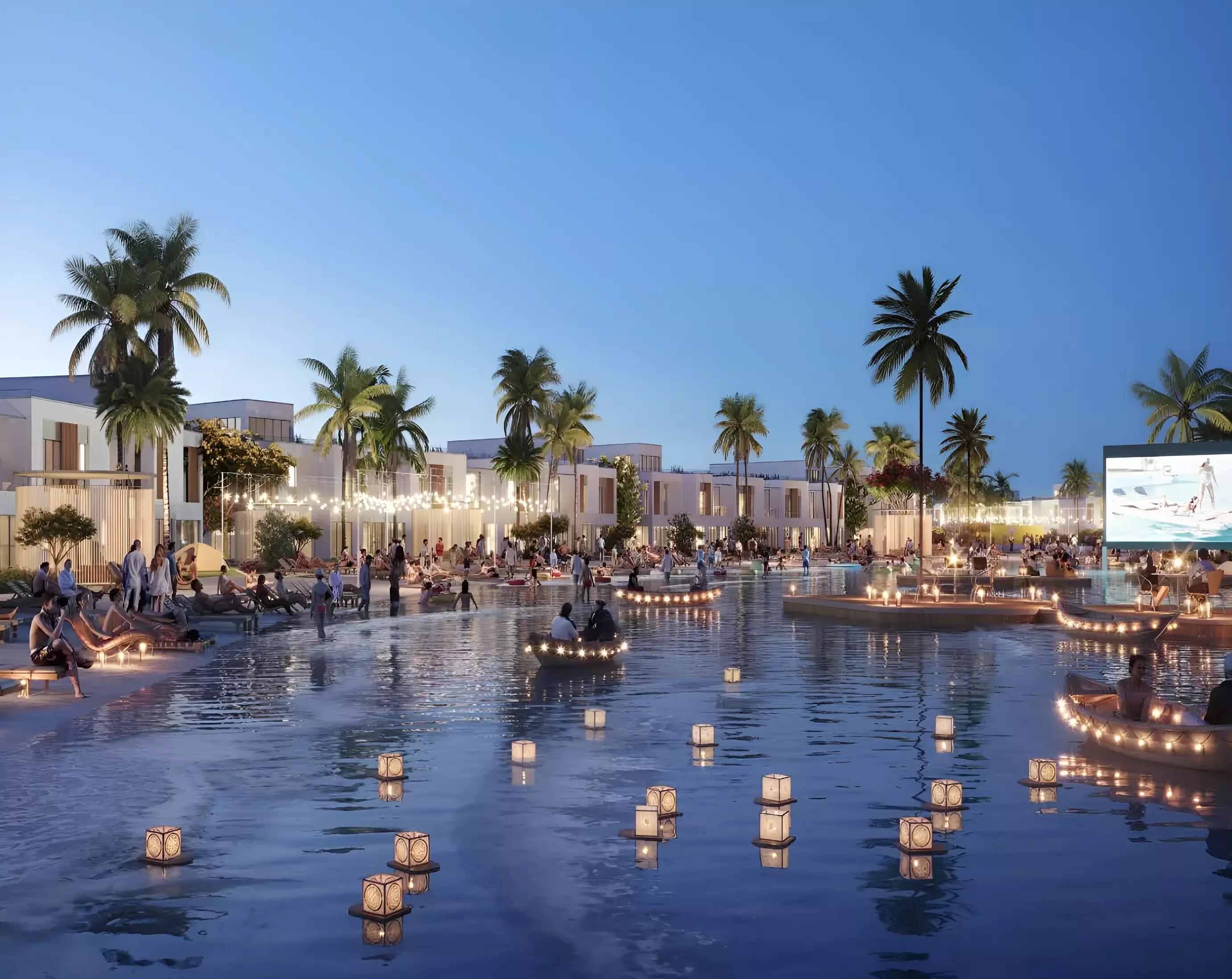 Lush townhouse street view within DAMAC Riverside community, DIP, Dubai