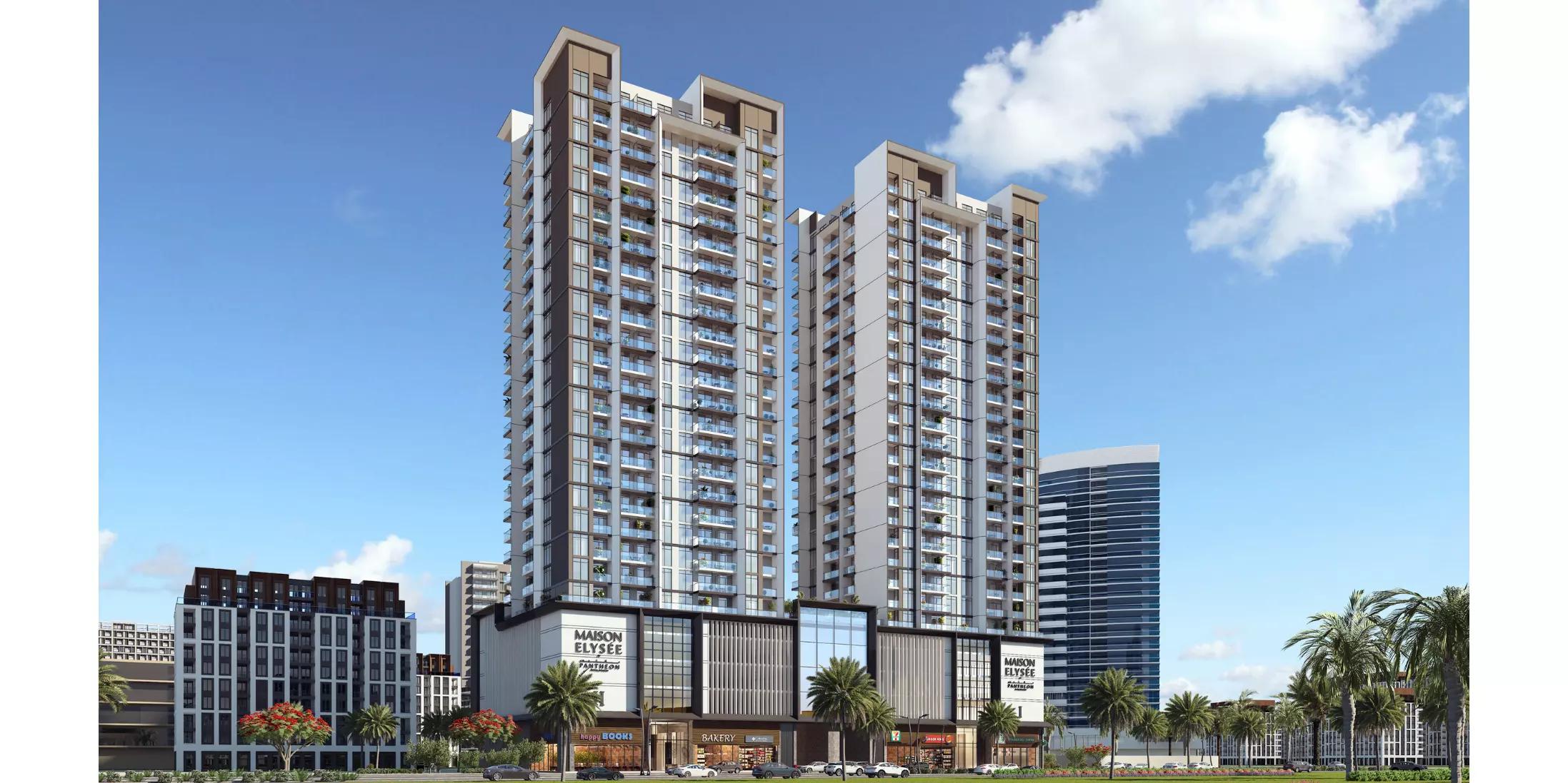 Maison Elysee 2 residential tower street-level view, JVC District 12
