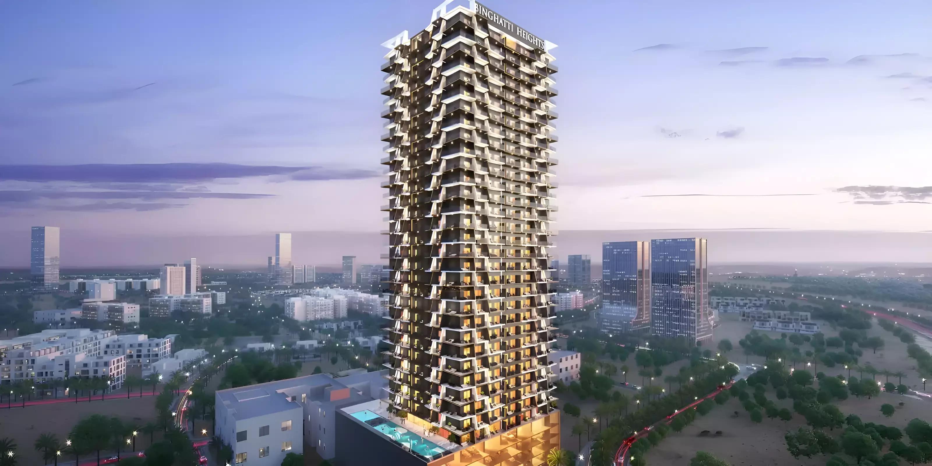 Binghatti Heights building entrance and podium, JVC, Dubai
