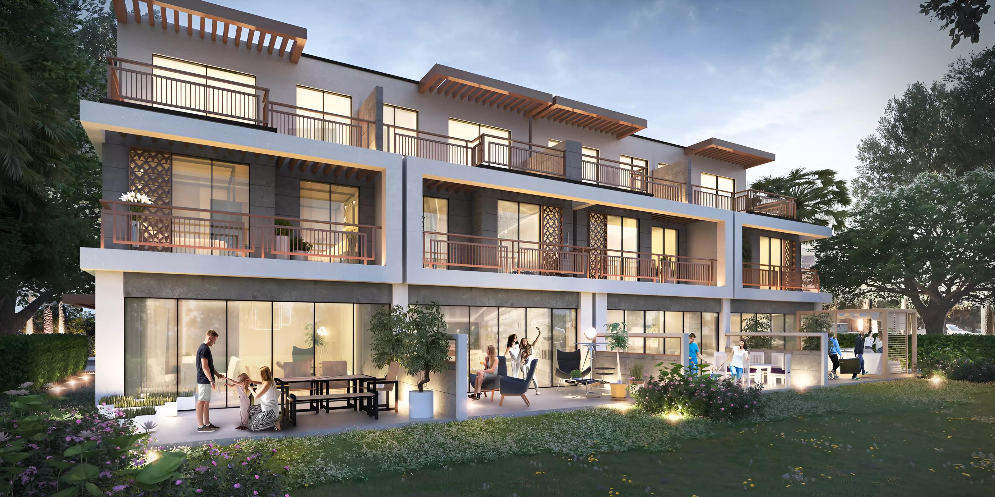 Eterno Prestige Villas street view with landscaped frontage, Damac Hills 2