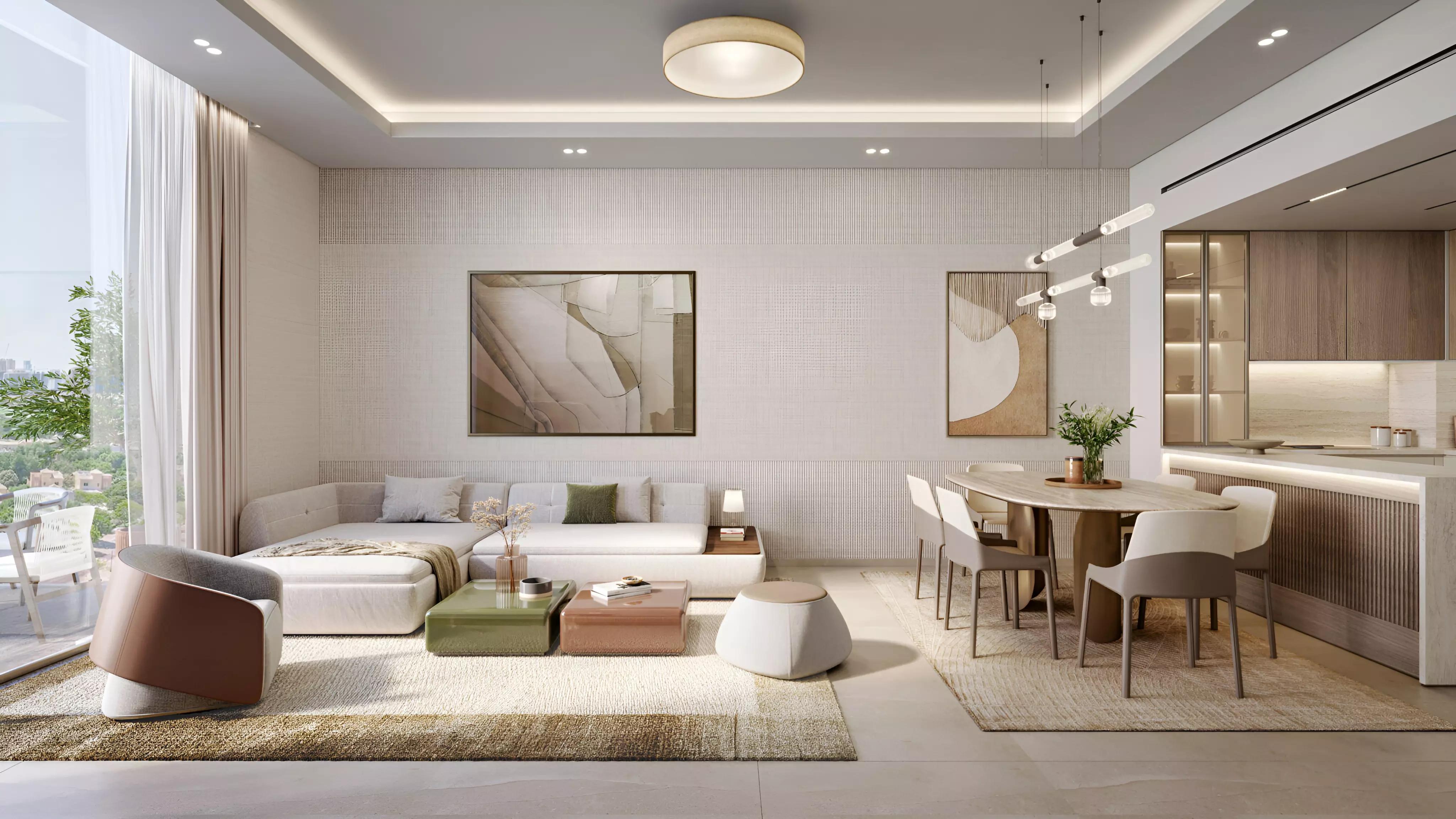 Woodland Terraces building elevation with landscaped surroundings, Dubai