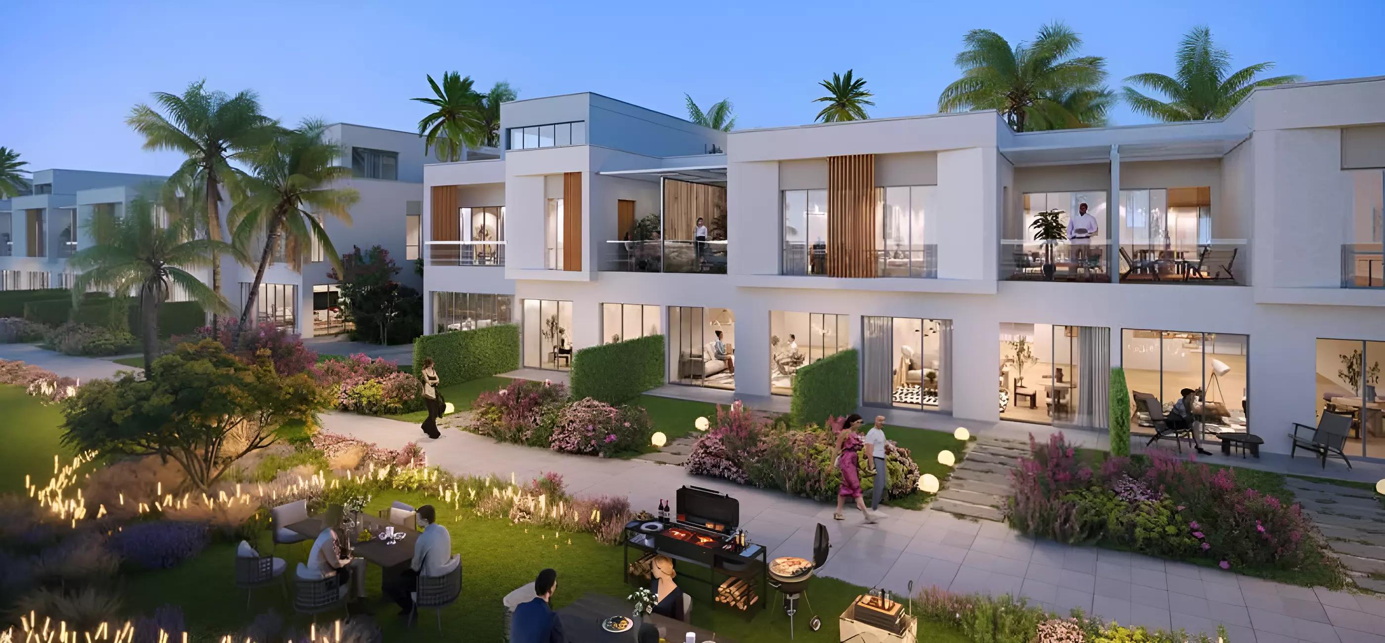 Lush townhouse exterior with landscaped surroundings at DAMAC Riverside, DIP, Dubai