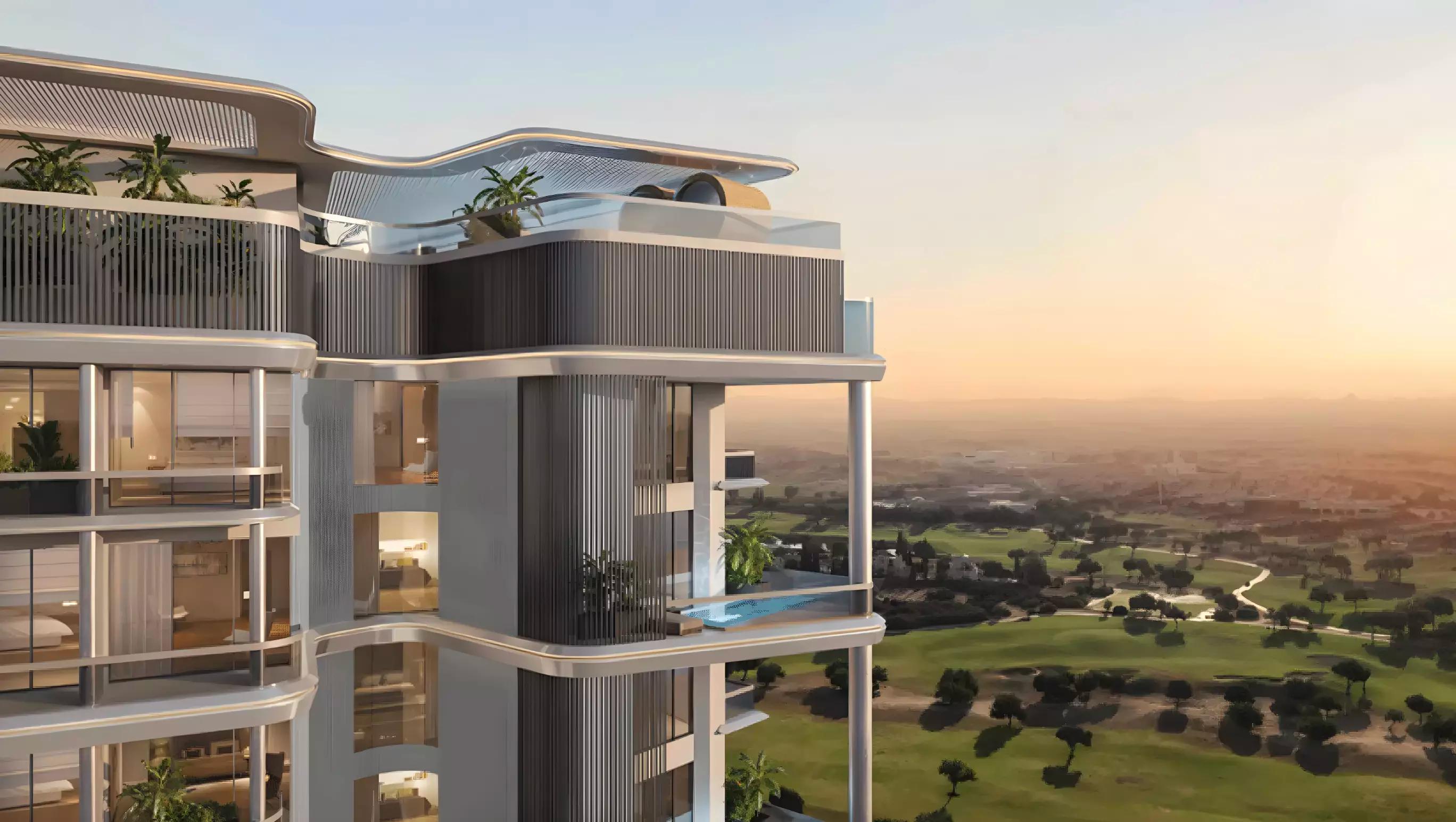 Golf Grove building elevation with surrounding community view, Dubai Production City, Dubai
