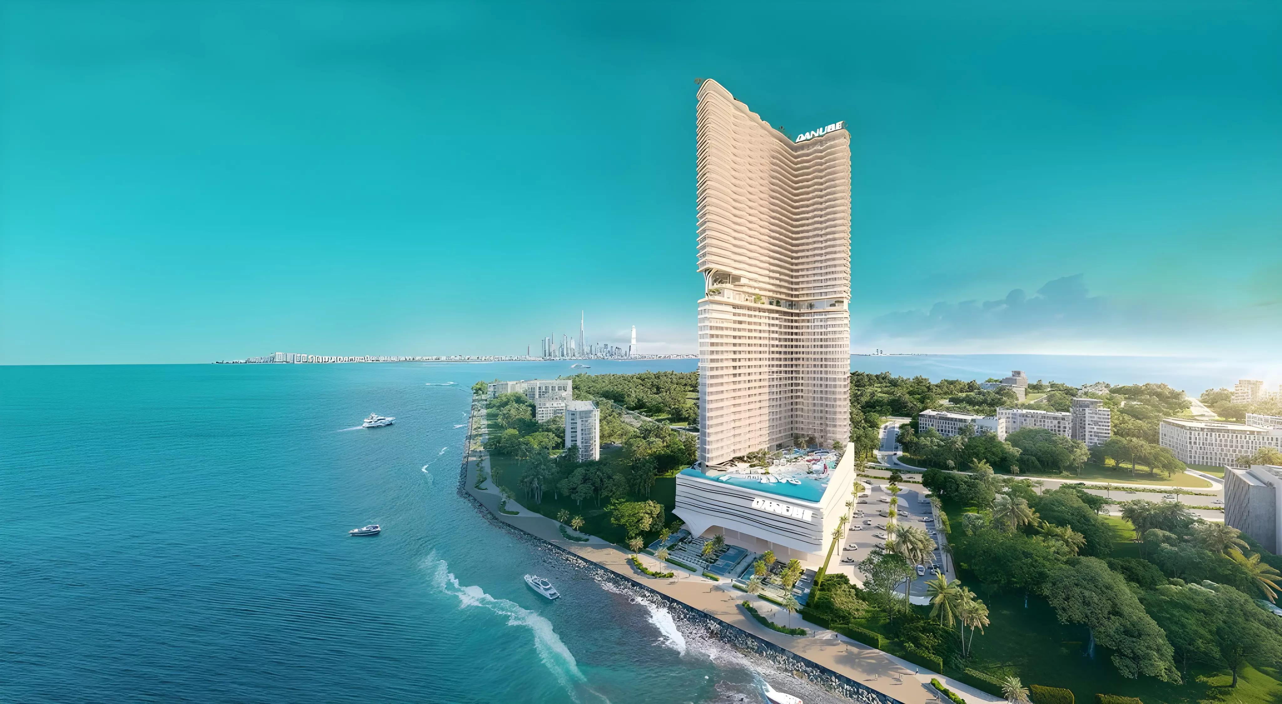 Breez by Danube residential tower exterior, Dubai Maritime City