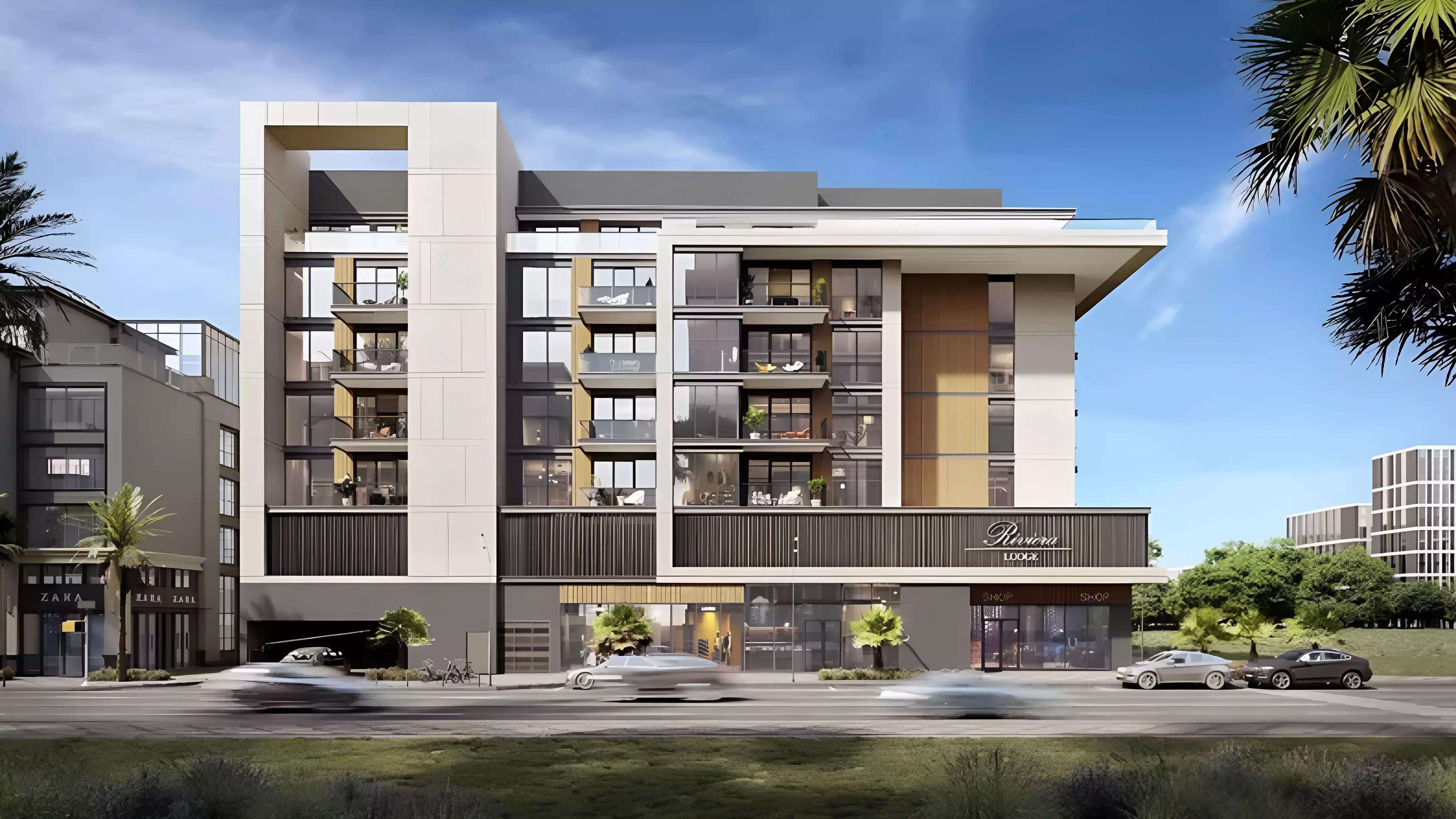 Riviera Lodge Residences building entrance and driveway, JVC, Dubai