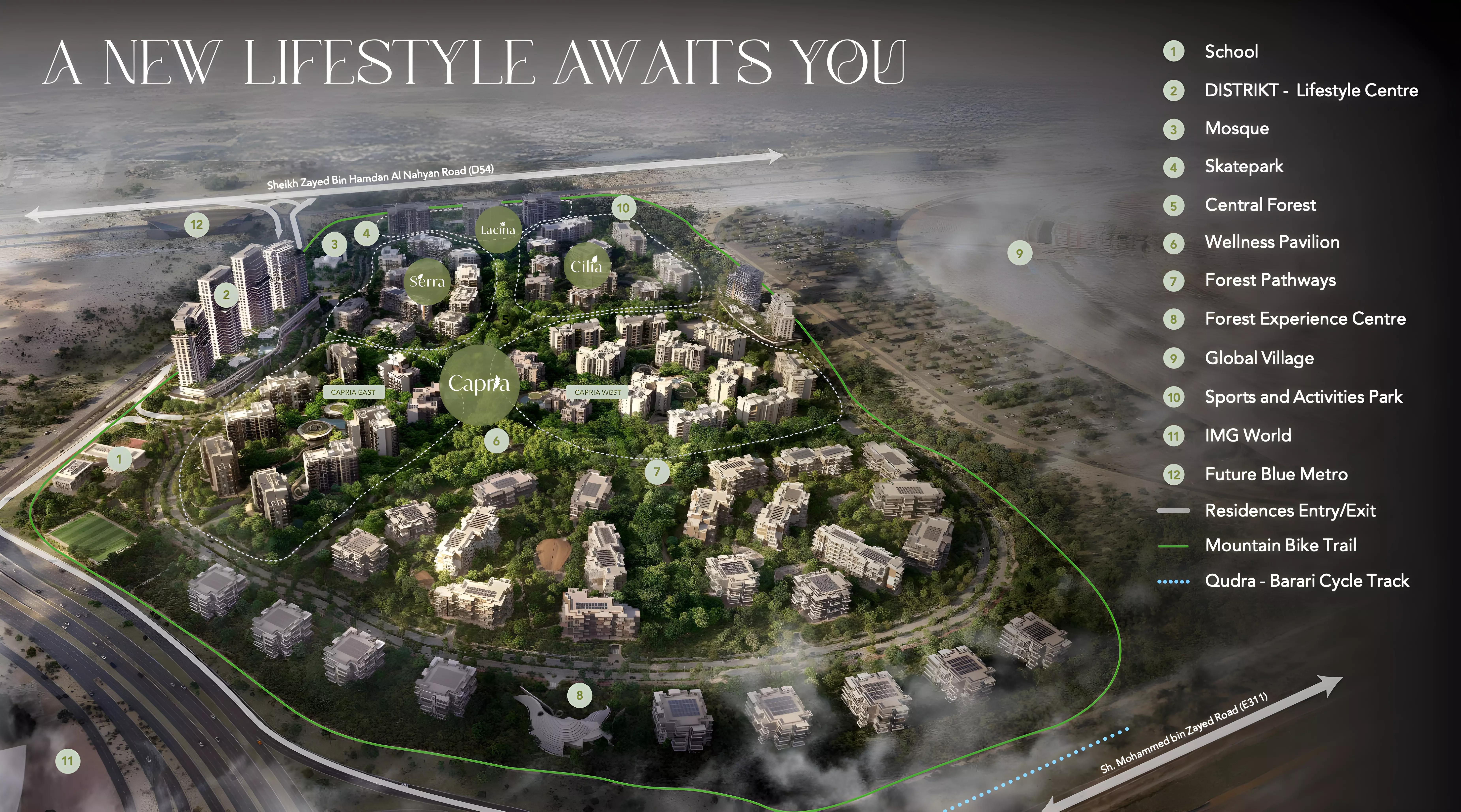 Capria East residential building exterior at Ghaf Woods, Dubai Land