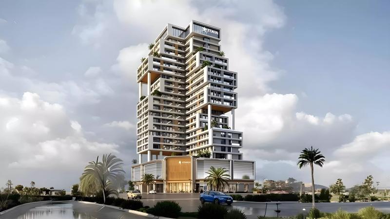 Exterior render of Stamn Mia Tower rising above Nad Al Sheba, Dubai
